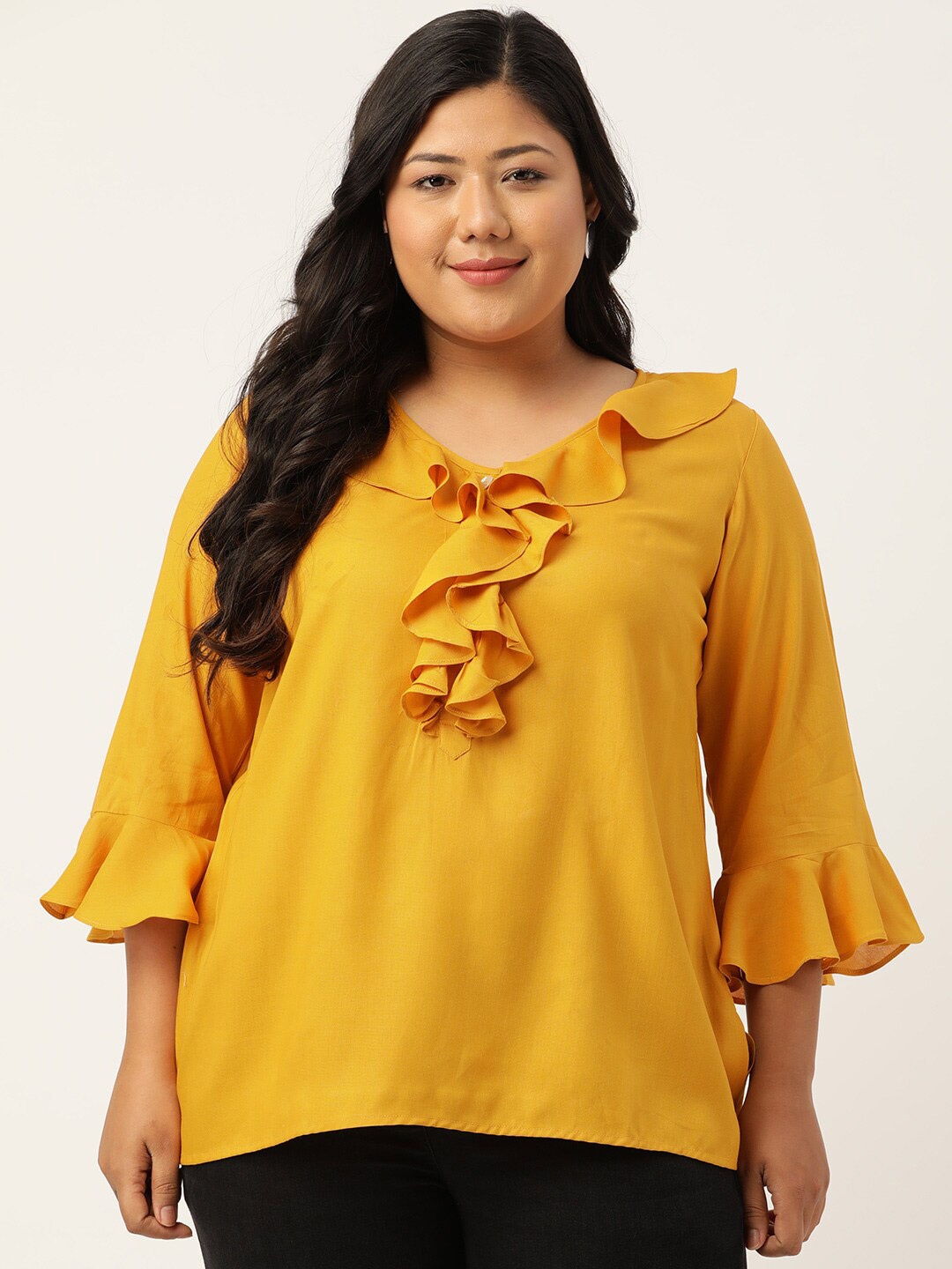 

theRebelinme Plus Size Mustard Yellow Ruffles Top