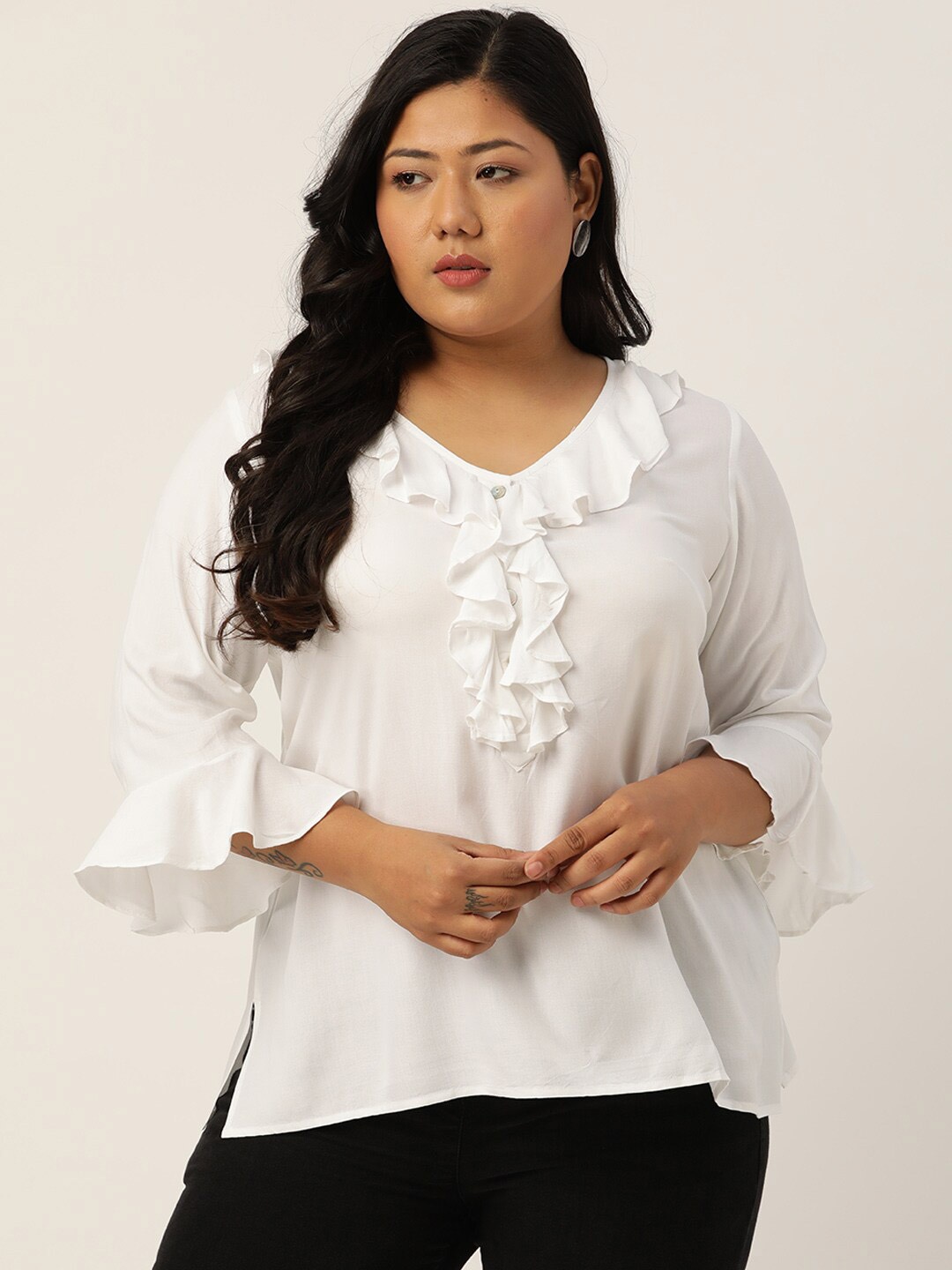 

theRebelinme Plus Size White Solid Ruffles Top