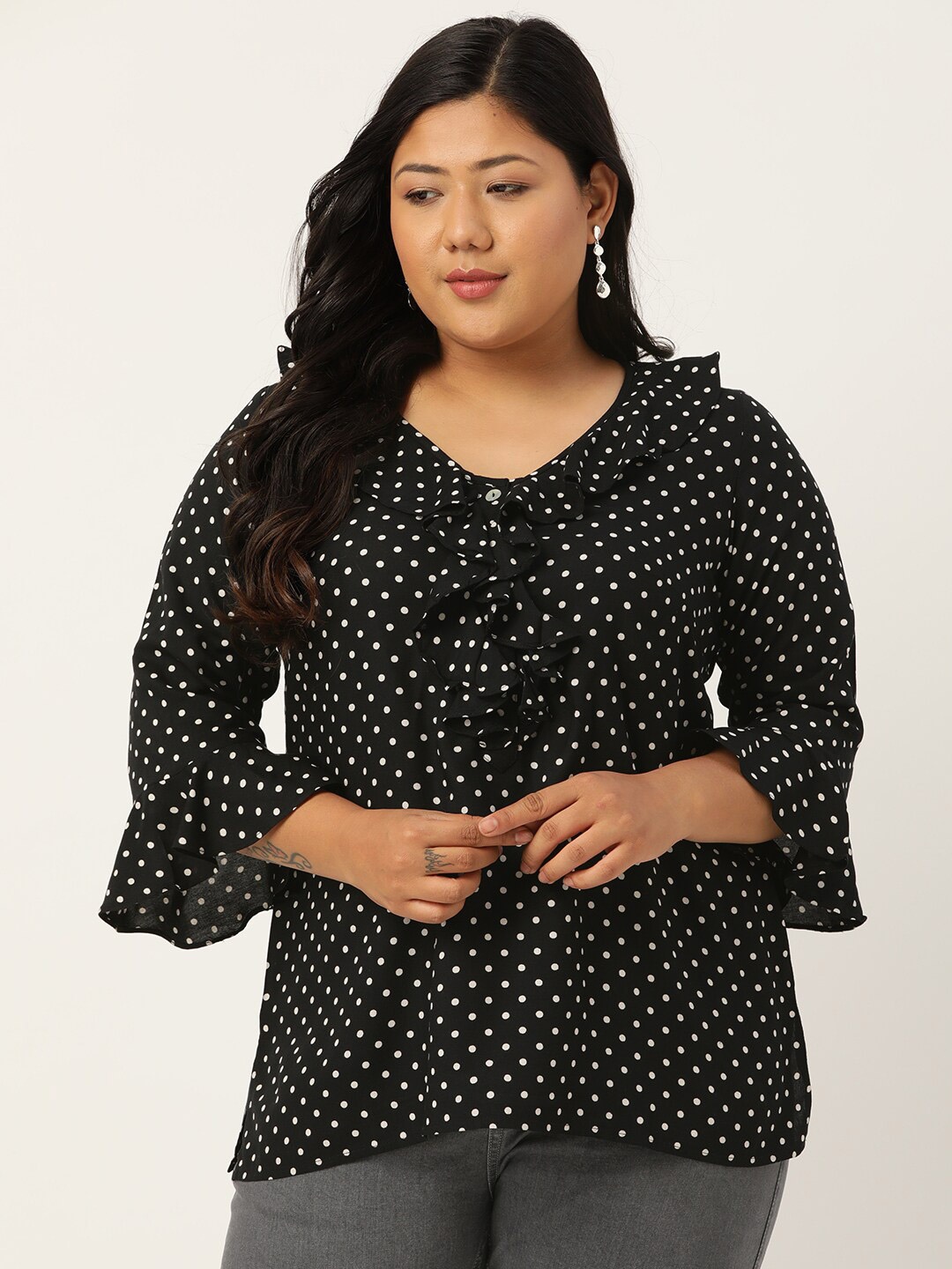 

theRebelinme Plus Size Black Print Ruffles Top