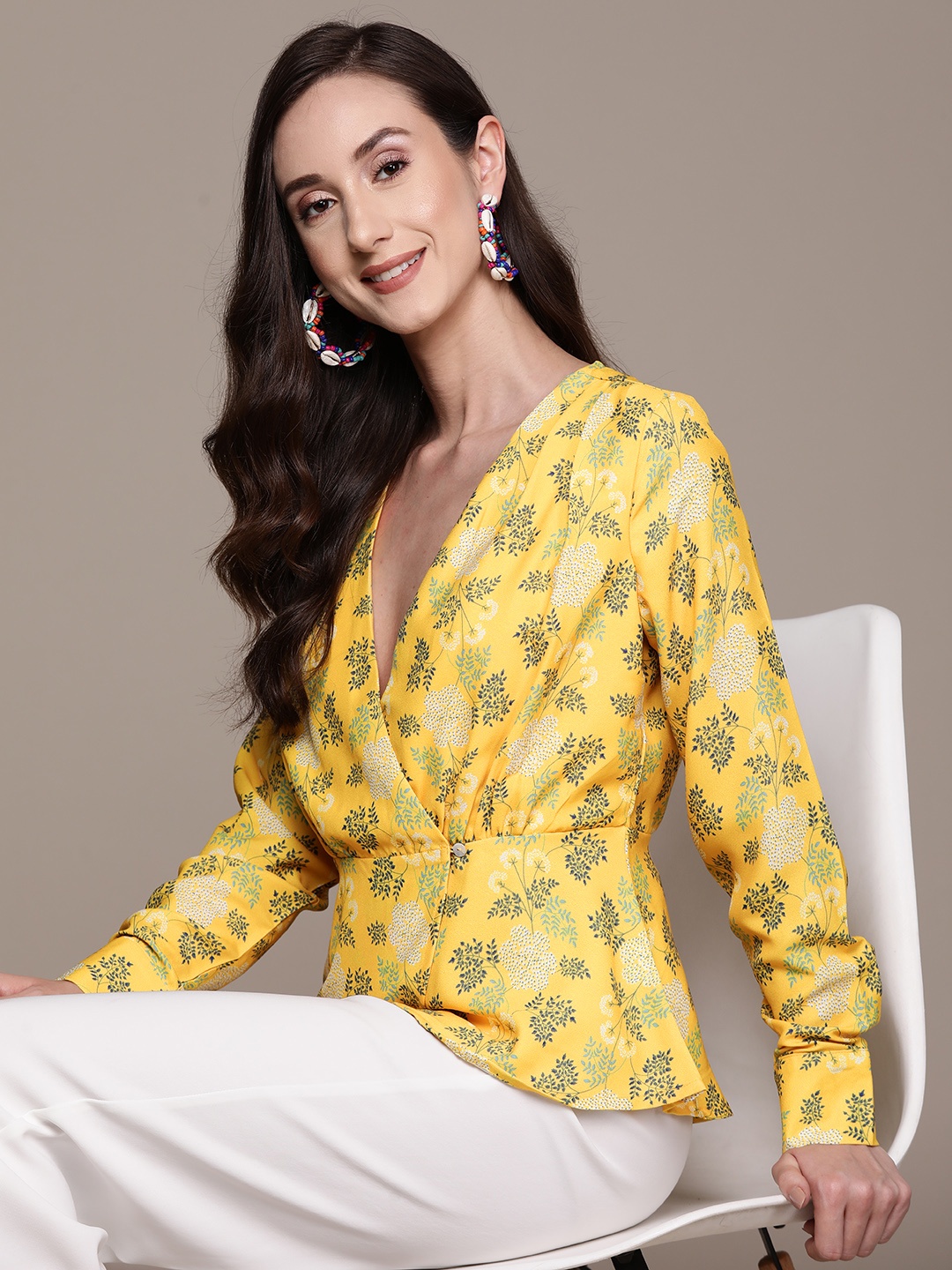 

Ishin Yellow & Green Floral Print Wrap Top