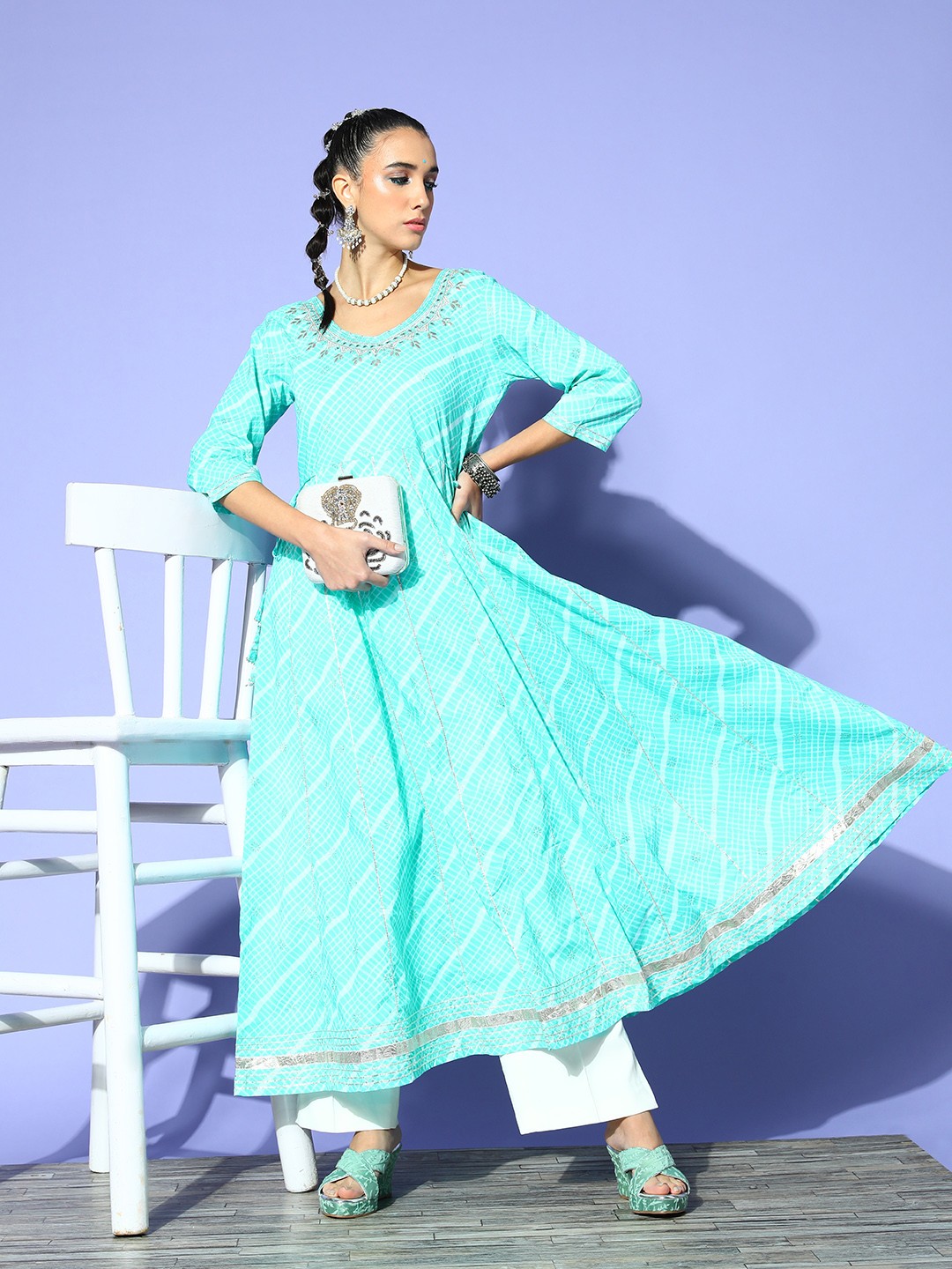 

Ishin Women Alluring Turquoise Blue Cotton Fluid Tie-Up Anarkali Kurta