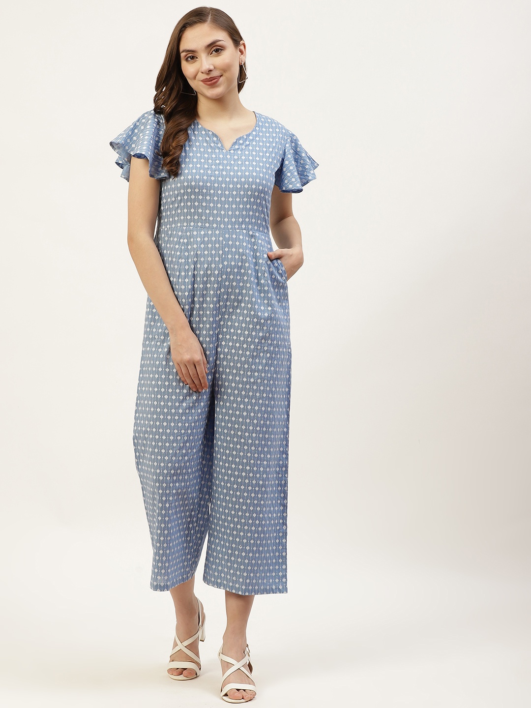 

KBZ Blue & White Printed Pure Cotton Basic Jumpsuit