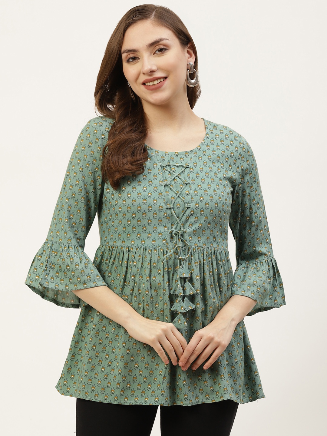 

KBZ Green & White Ethnic Motifs Print Top