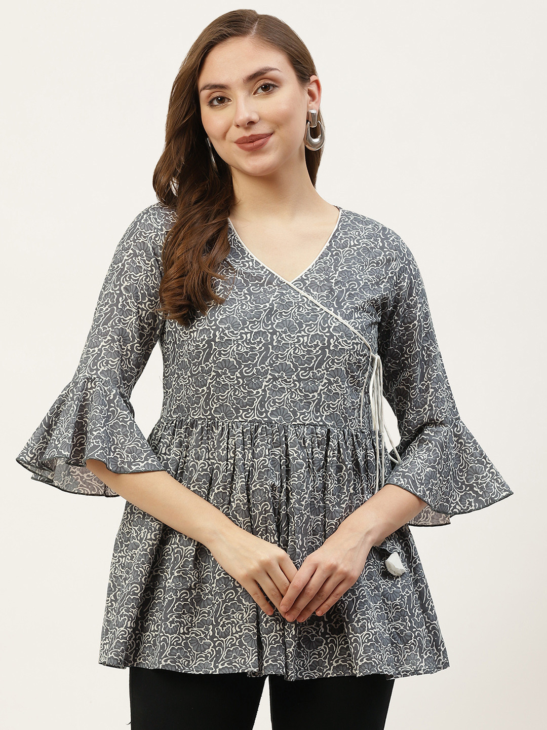 

KBZ Grey & White Ethnic Motifs Print Pure Cotton Angrakha Top