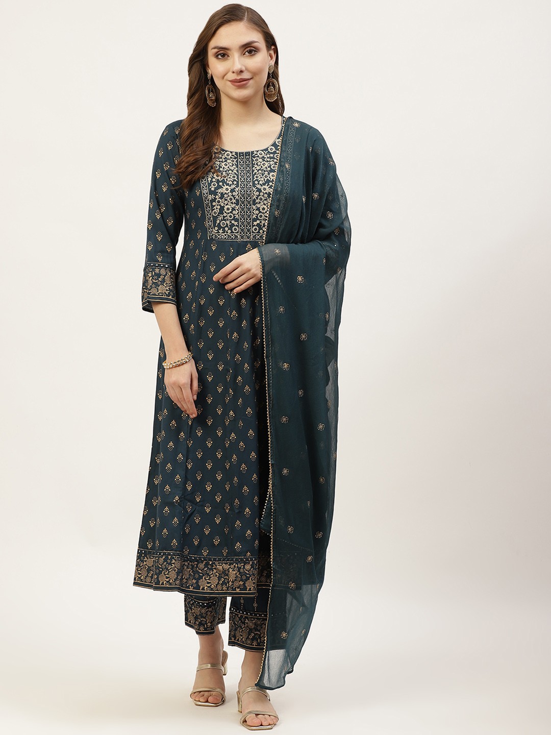 

KBZ Women Teal Blue Ethnic Motifs Embroidered Kurta with Trousers & Dupatta