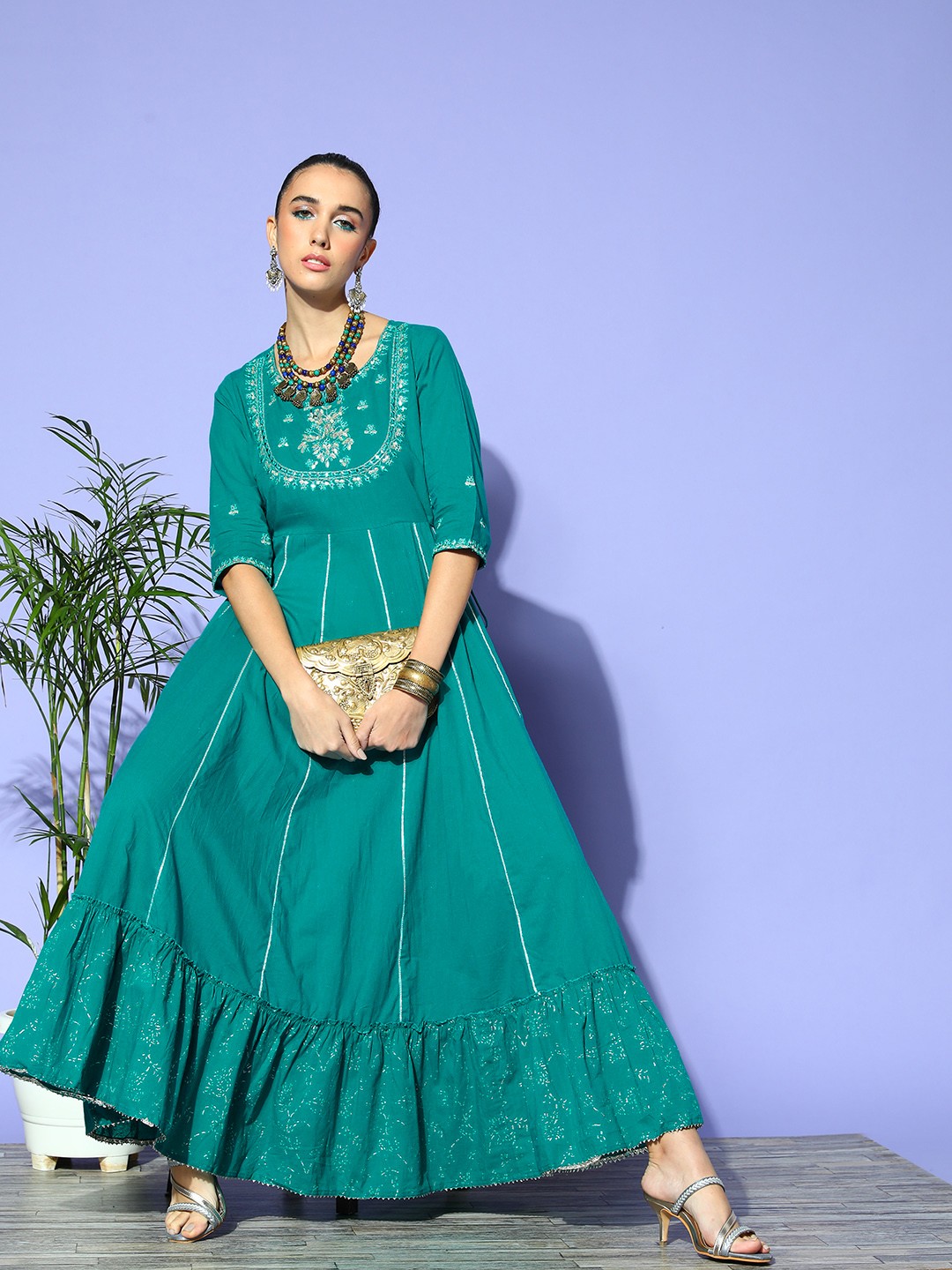 

Ishin Women Teal Cotton Volume Control Ethnic Dress