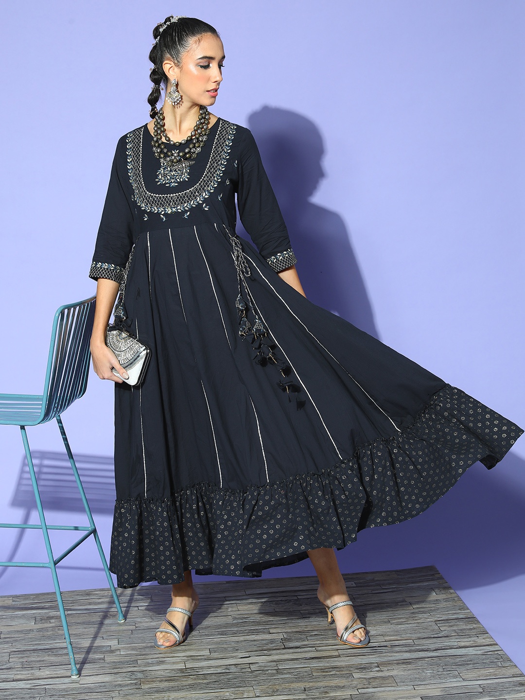 

Ishin Women Navy Blue Cotton Volume Control Ethnic Dress