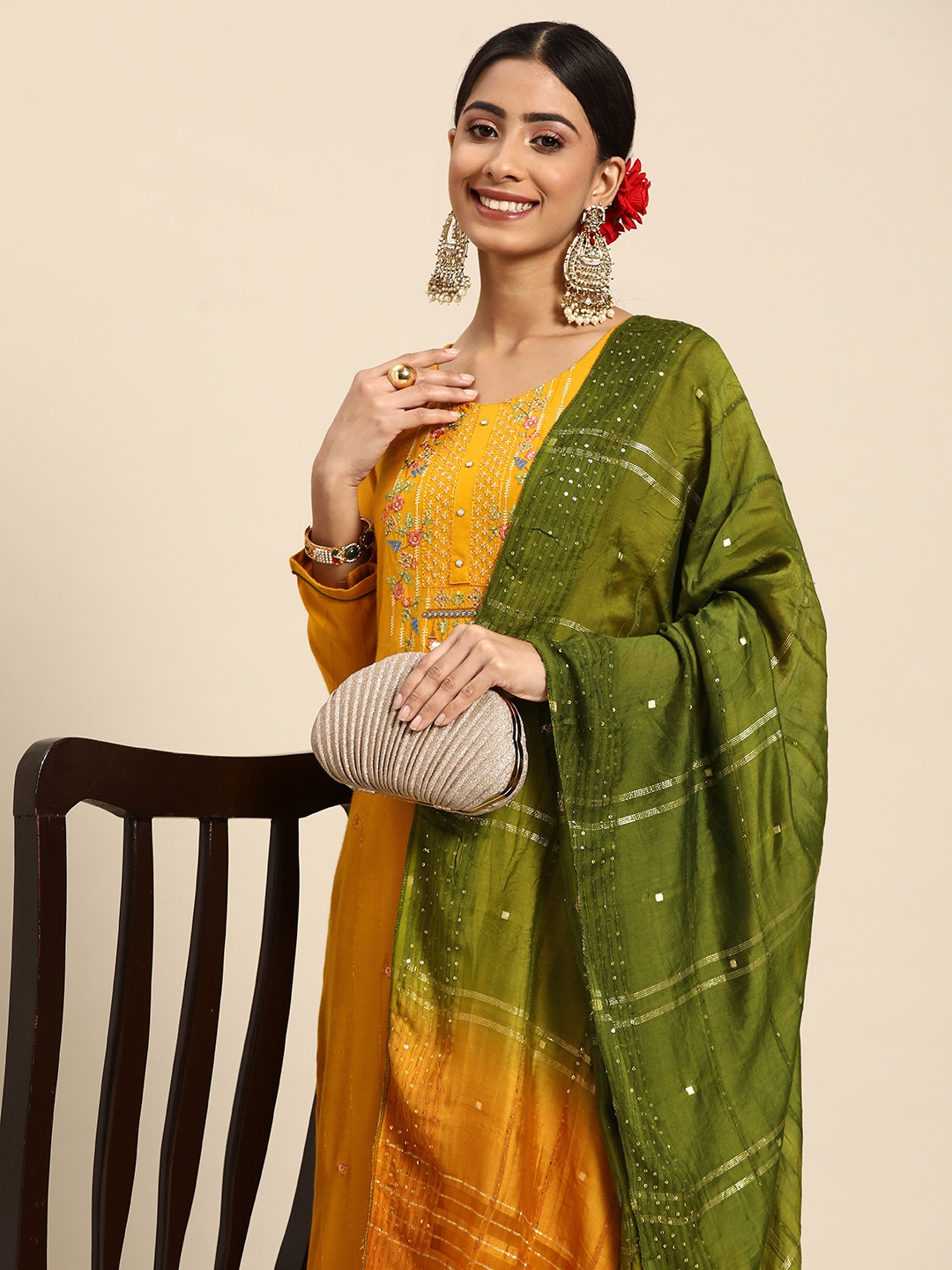 

Sangria Women Mustard Yellow Ethnic Motifs Embroidered Sequinned Kurta with Trousers & With Dupatta