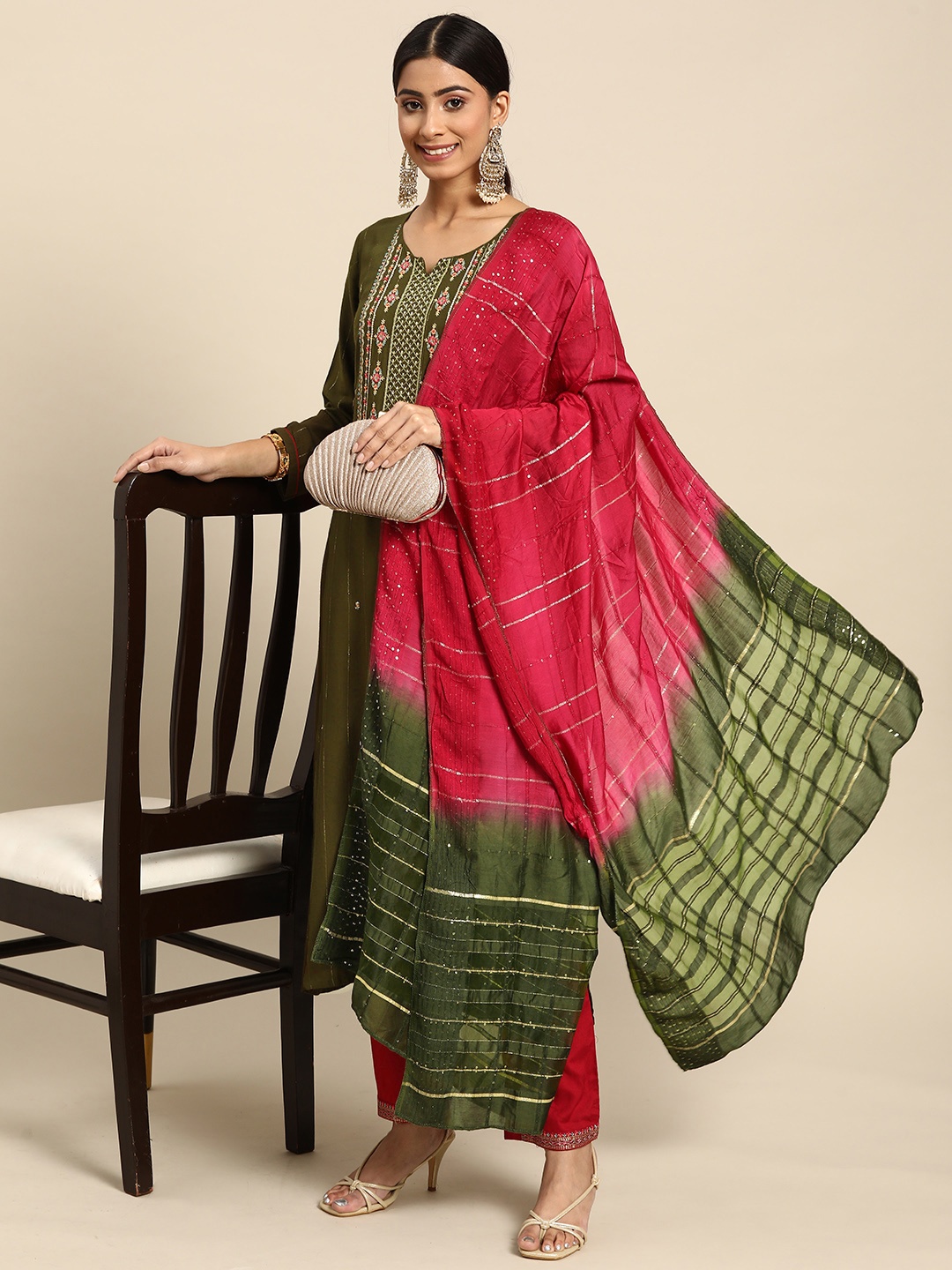 

Sangria Women Green Ethnic Motifs Embroidered Kurta with Trousers & With Dupatta