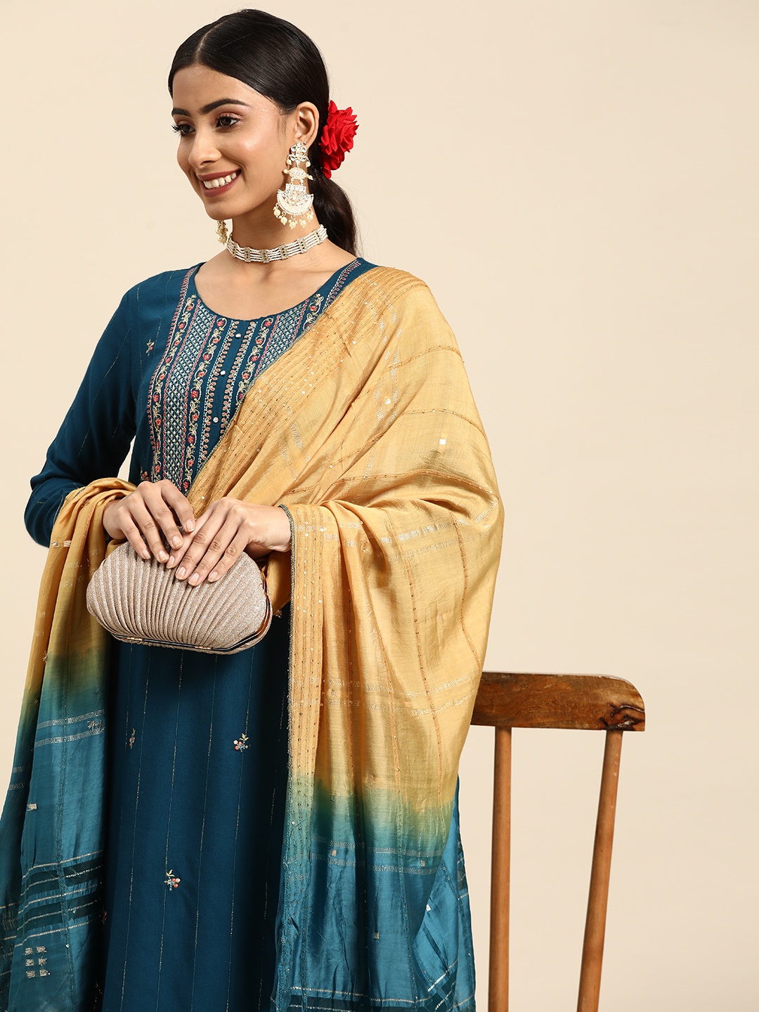 

Sangria Women Teal Ethnic Motifs Embroidered Sequinned Kurta with Trousers & With Dupatta