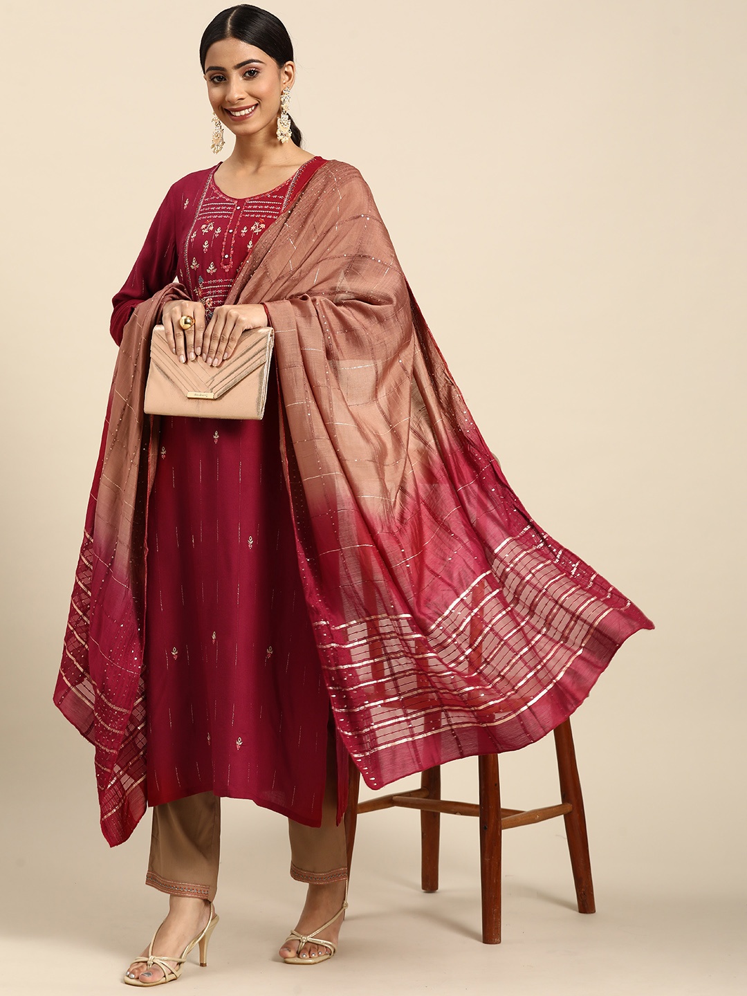 

Sangria Women Maroon Ethnic Motifs Yoke Design Sequinned Kurta with Trousers & With Dupatta