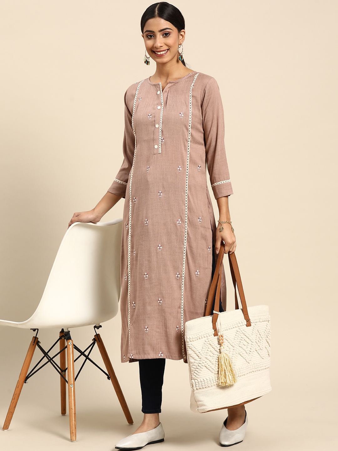 Sangria Women Brown & White Ethnic Motifs Embroidered Panelled Kurta
