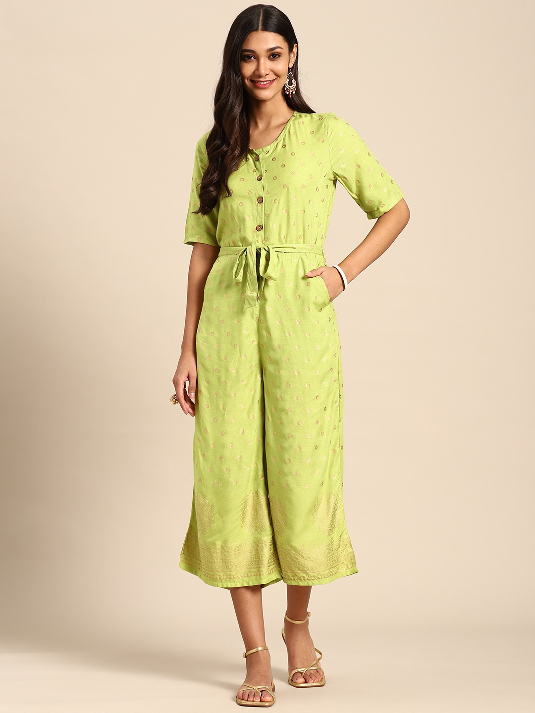 

Sangria Green & Gold-Toned Printed Culotte Jumpsuit