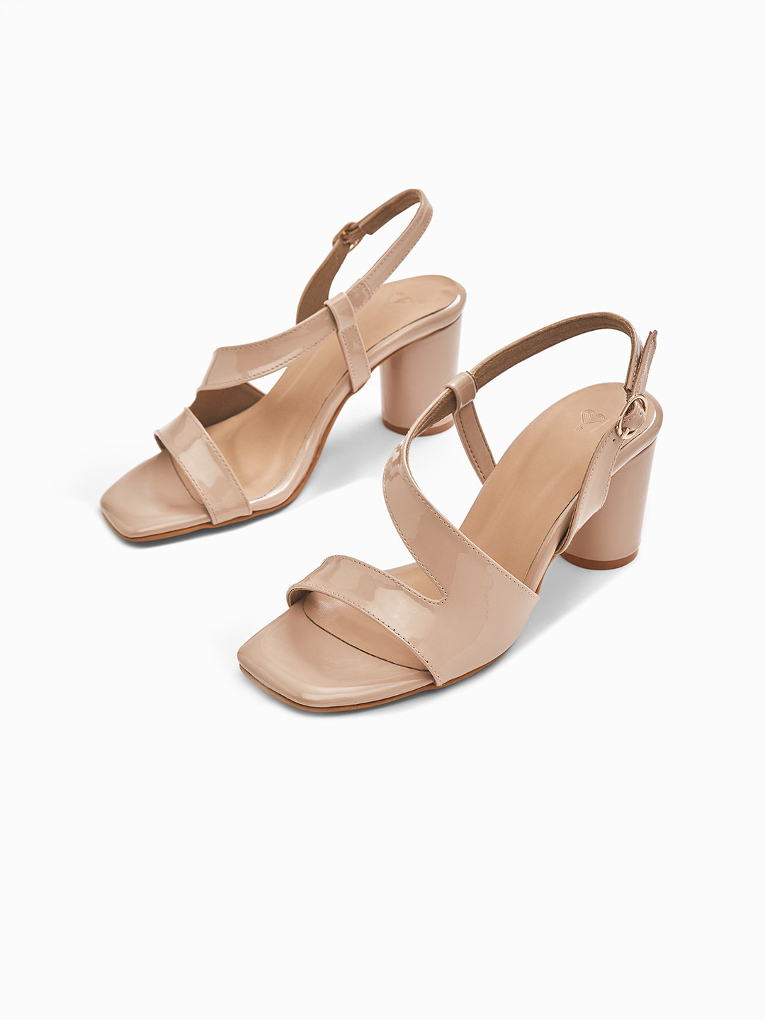 

The Label Life Women Beige Cut Out Ankle Strap Leather Block Heels with Buckles