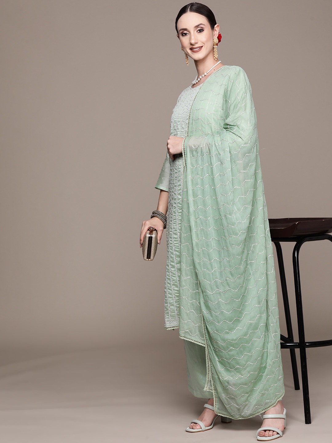 

Ishin Women Green Embroidered Sequinned Kurta with Trousers & With Dupatta