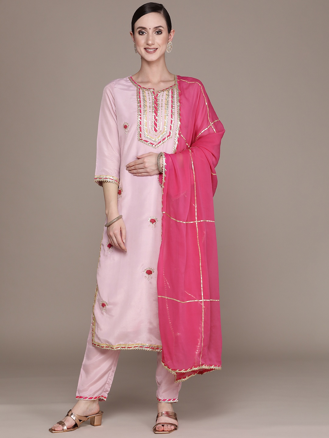 

Ishin Women Pink Floral Embroidered Gotta Patti Kurta with Trousers & With Dupatta