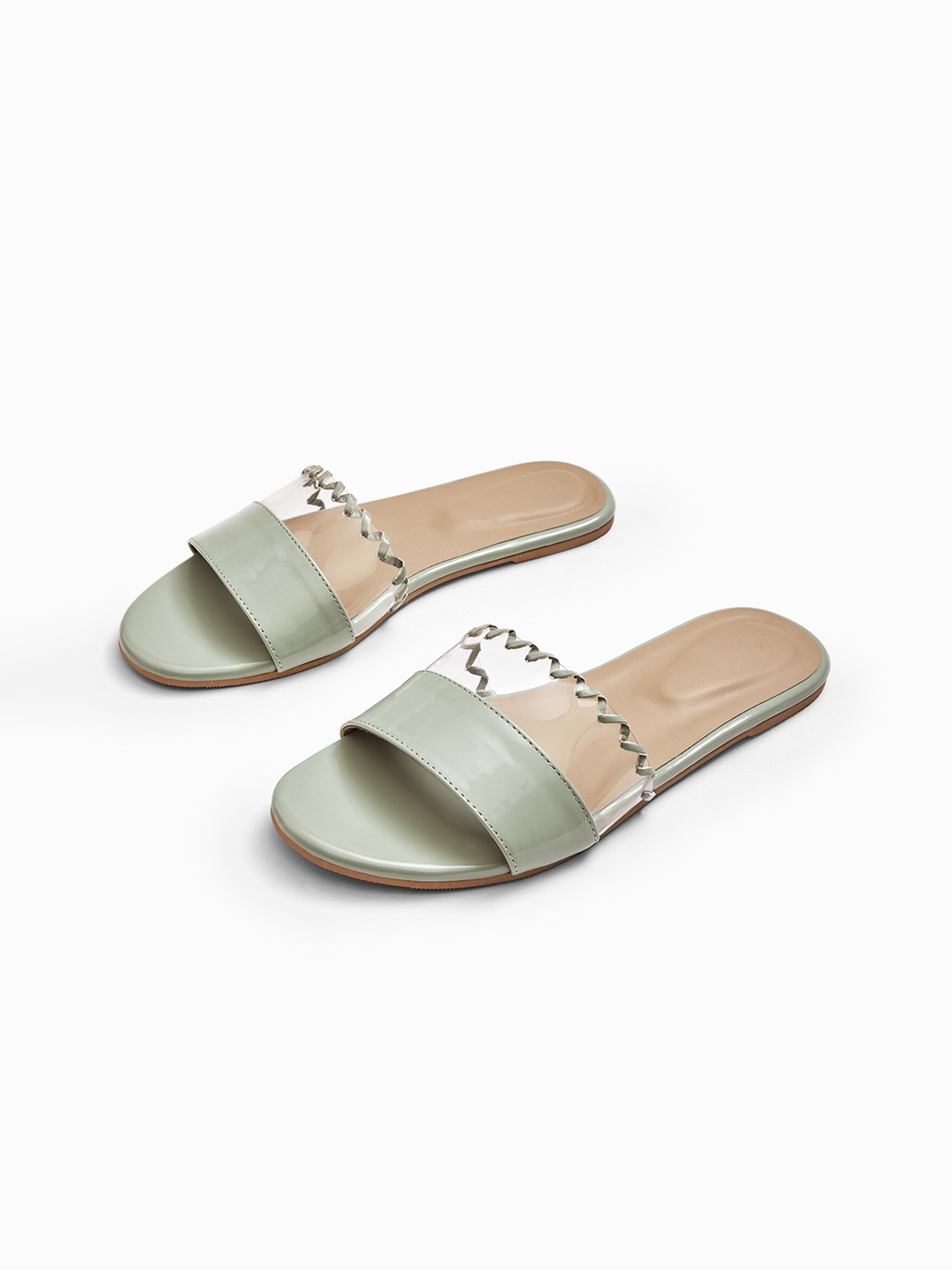 

The Label Life Women Sage Green Open Toe Vinyl Wavy Strap Flats