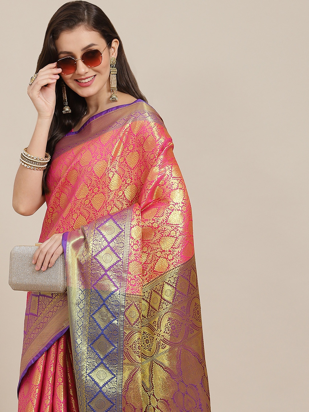 

Silk Land Pink & Purple Floral Zari Art Silk Kanjeevaram Saree