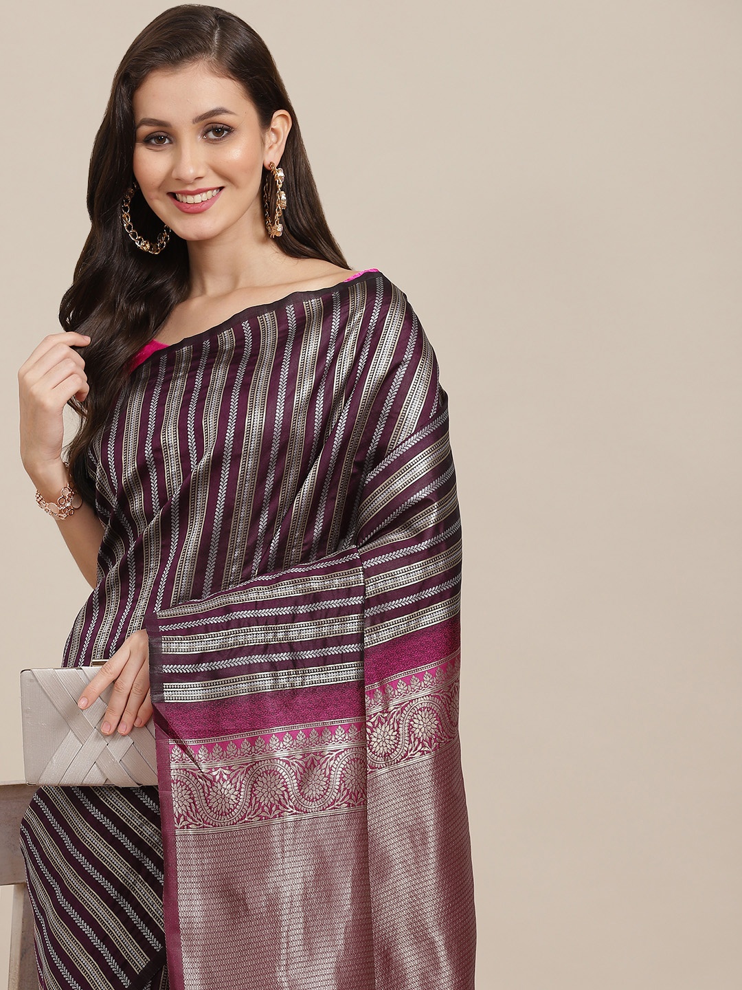 

Silk Land Purple & Silver-Toned Striped Zari Art Silk Kanjeevaram Saree