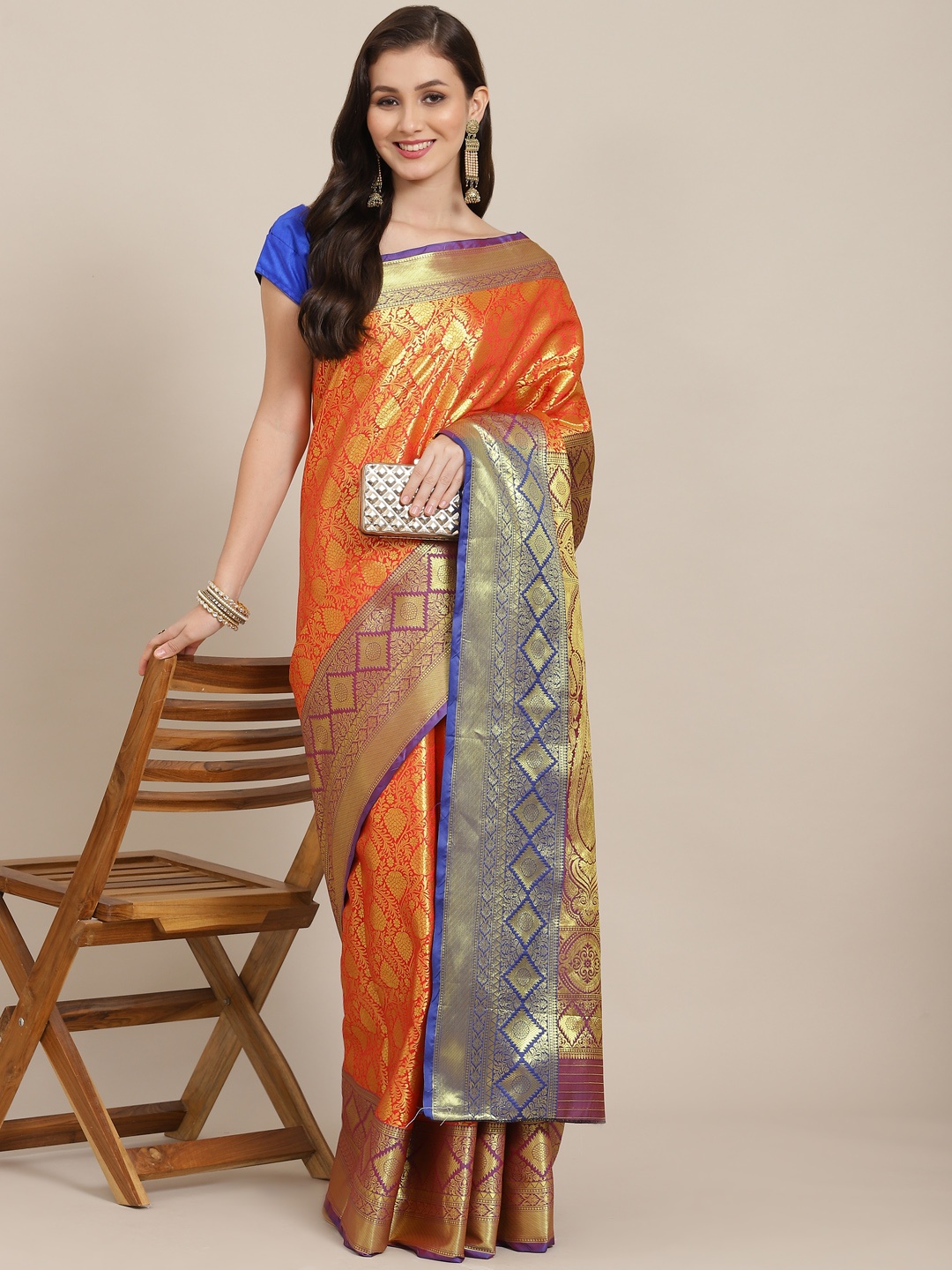 

Silk Land Red & Purple Floral Zari Art Silk Kanjeevaram Saree