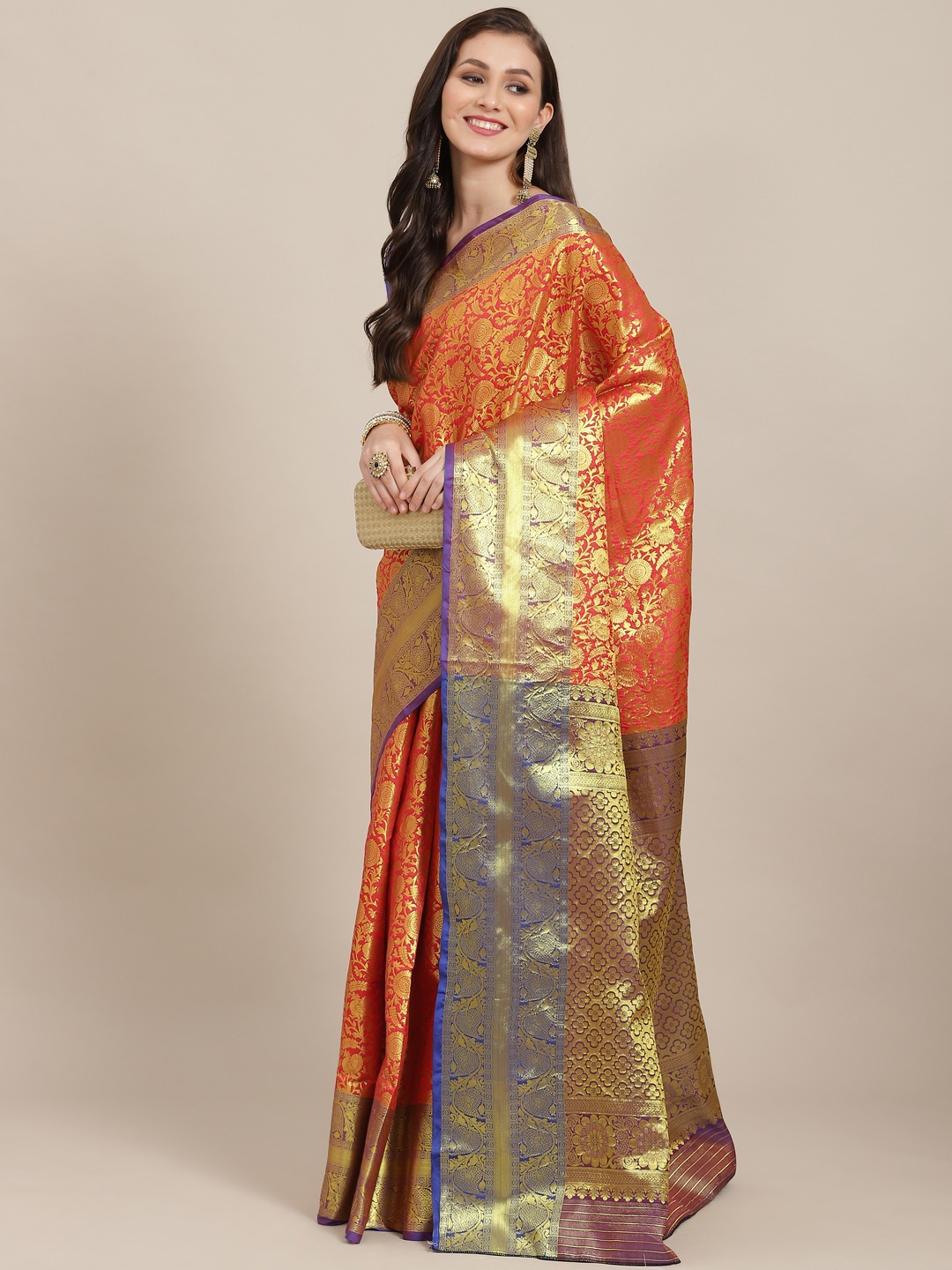 

Silk Land Red & Purple Floral Zari Art Silk Kanjeevaram Saree