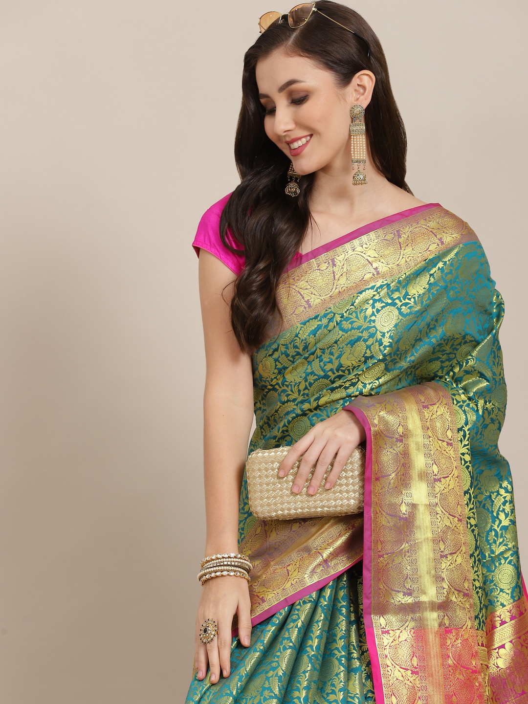 

Silk Land Green & Pink Floral Zari Art Silk Kanjeevaram Saree