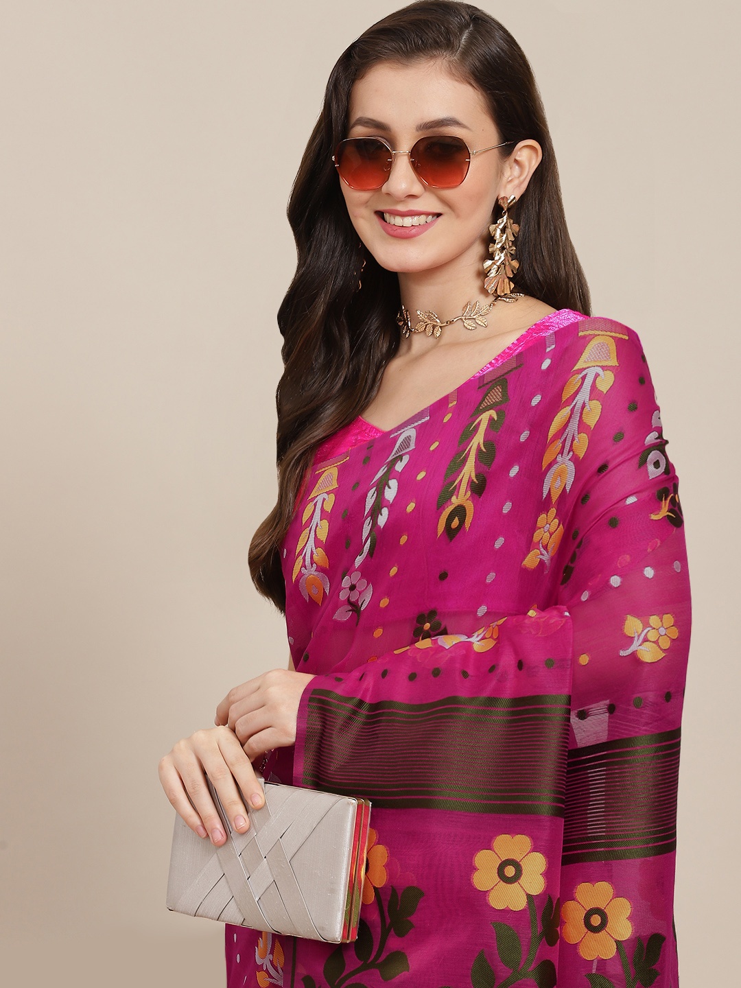 

Silk Land Pink & Brown Floral Pure Cotton Jamdani Saree