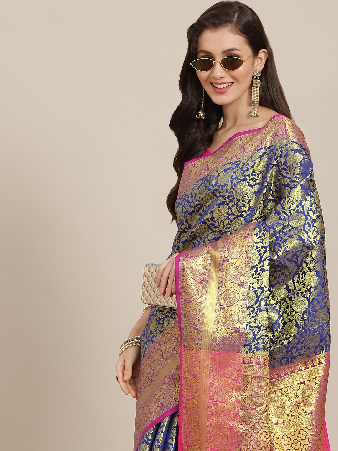 

Silk Land Blue & Pink Floral Zari Art Silk Kanjeevaram Saree