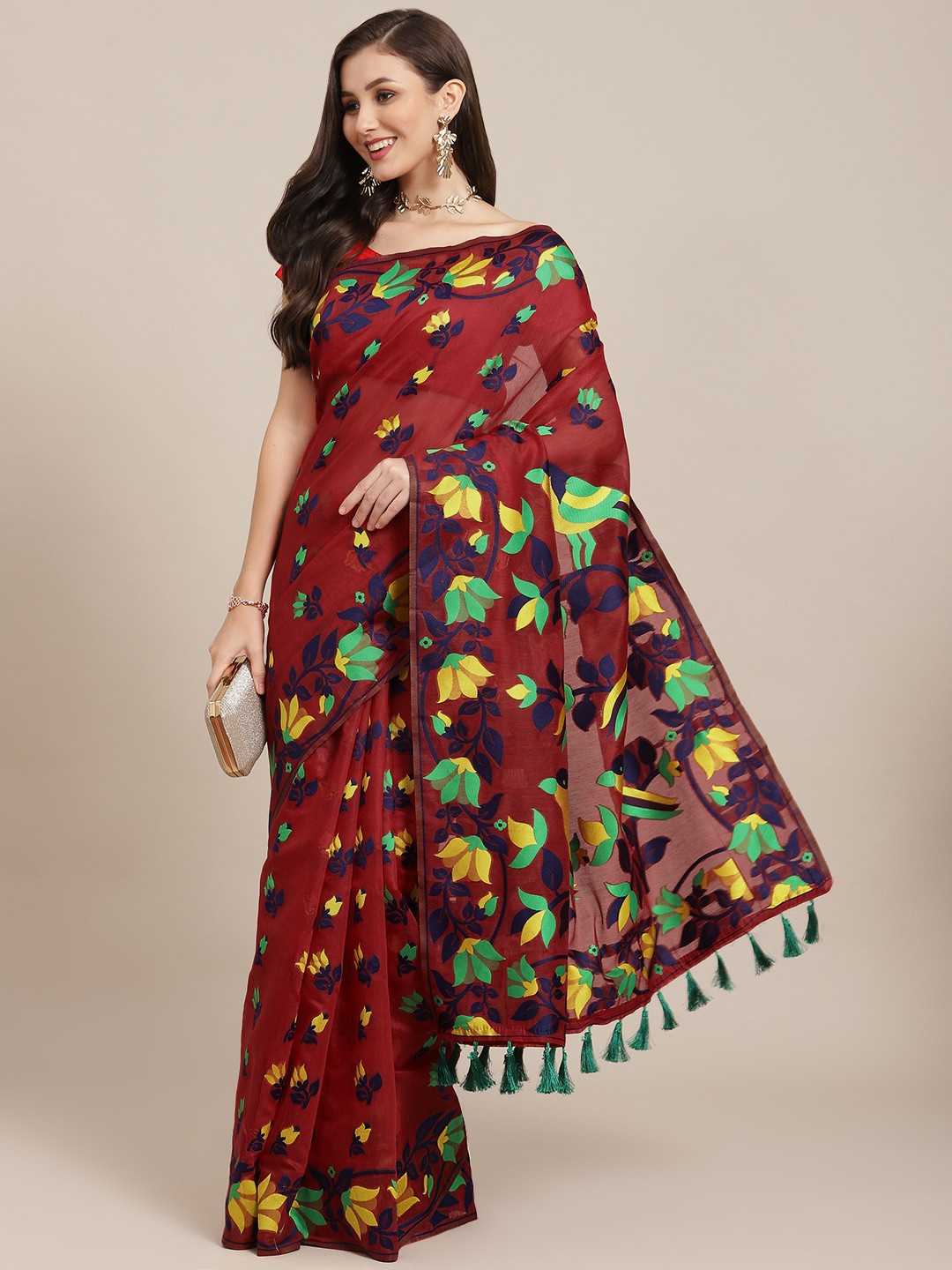 

Silk Land Red & Red Floral Pure Cotton Jamdani Saree