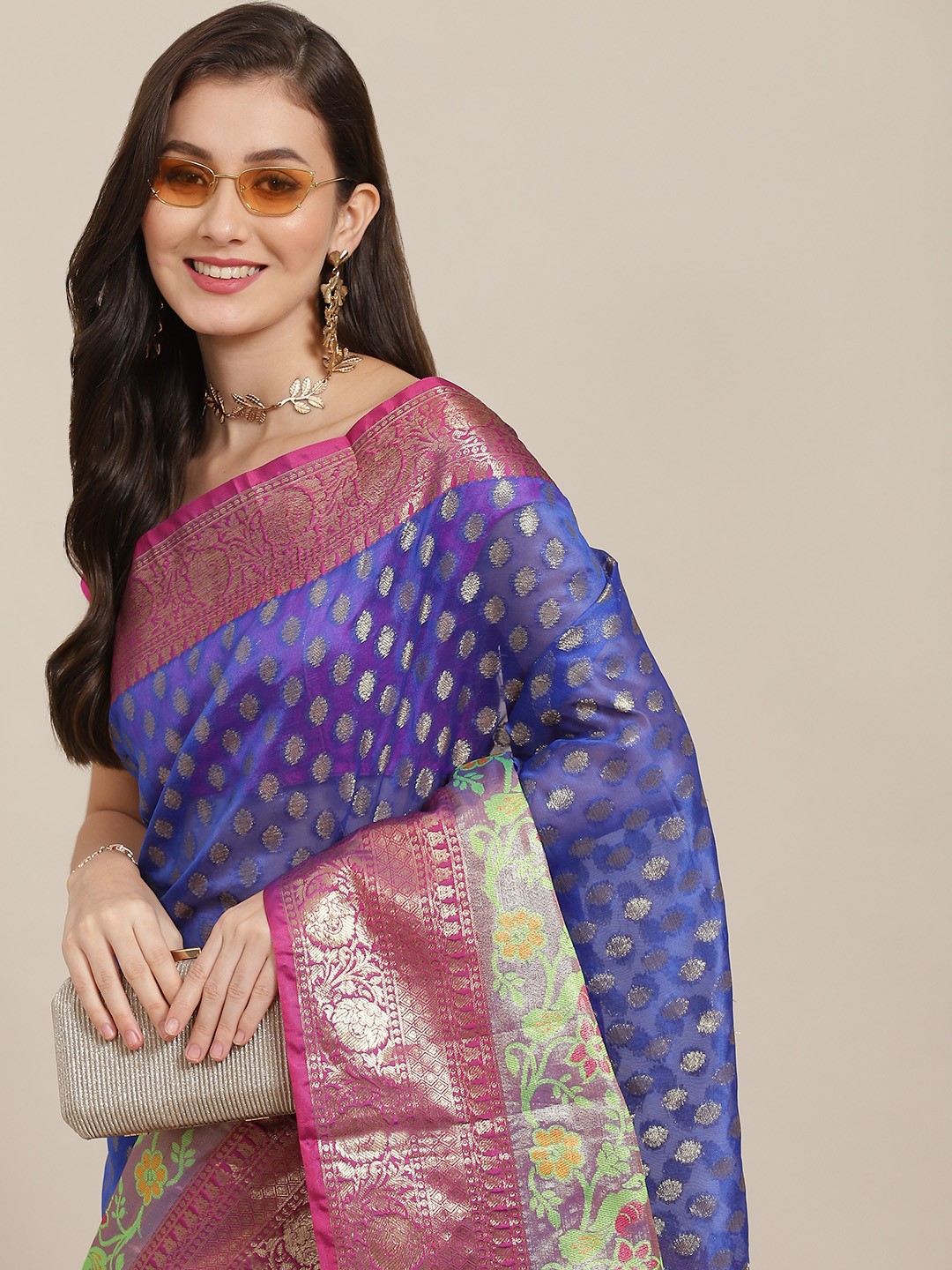 

Silk Land Blue & Pink Ethnic Motifs Zari Art Silk Banarasi Saree