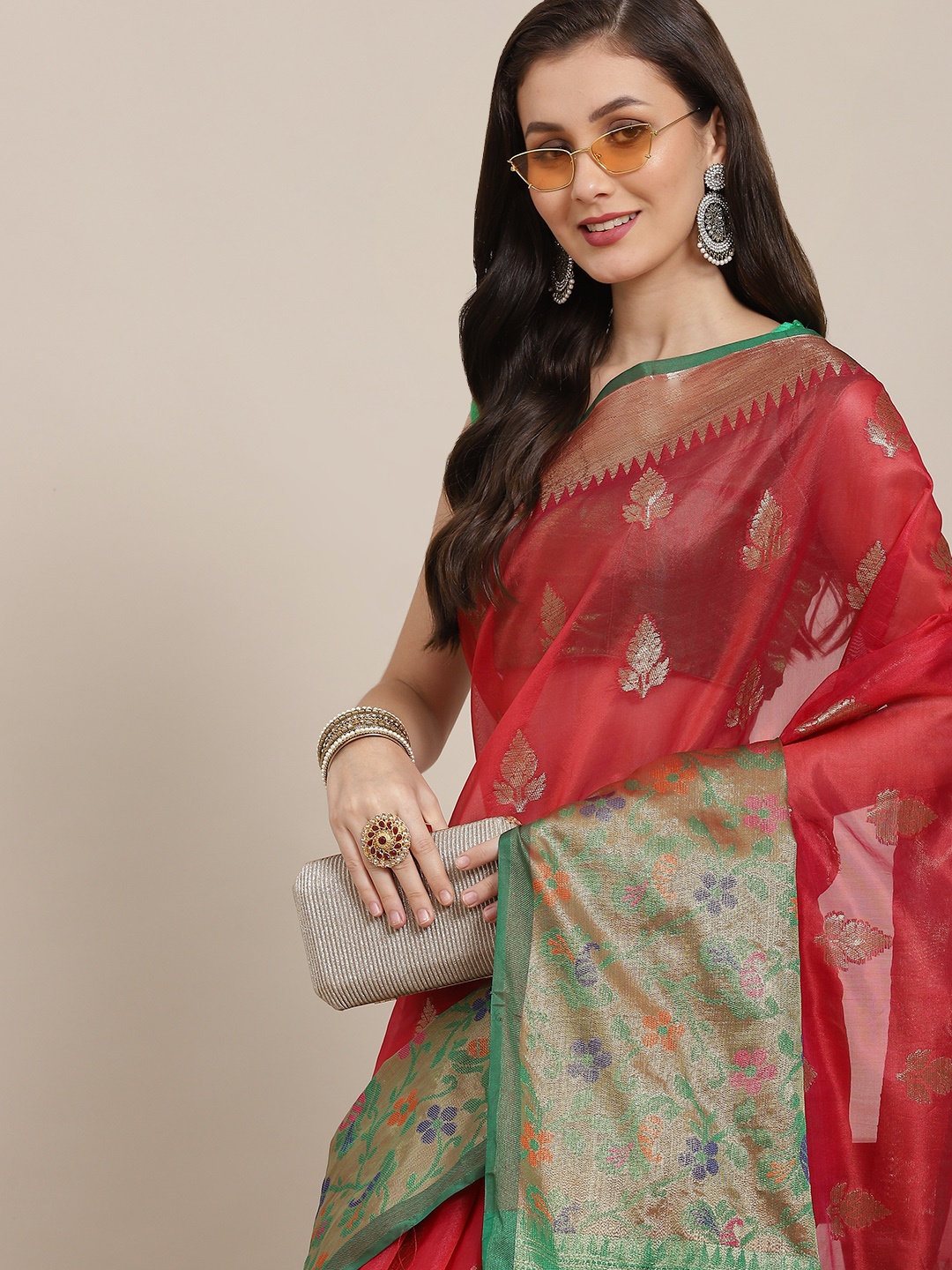 

Silk Land Red & Green Floral Zari Art Silk Banarasi Saree
