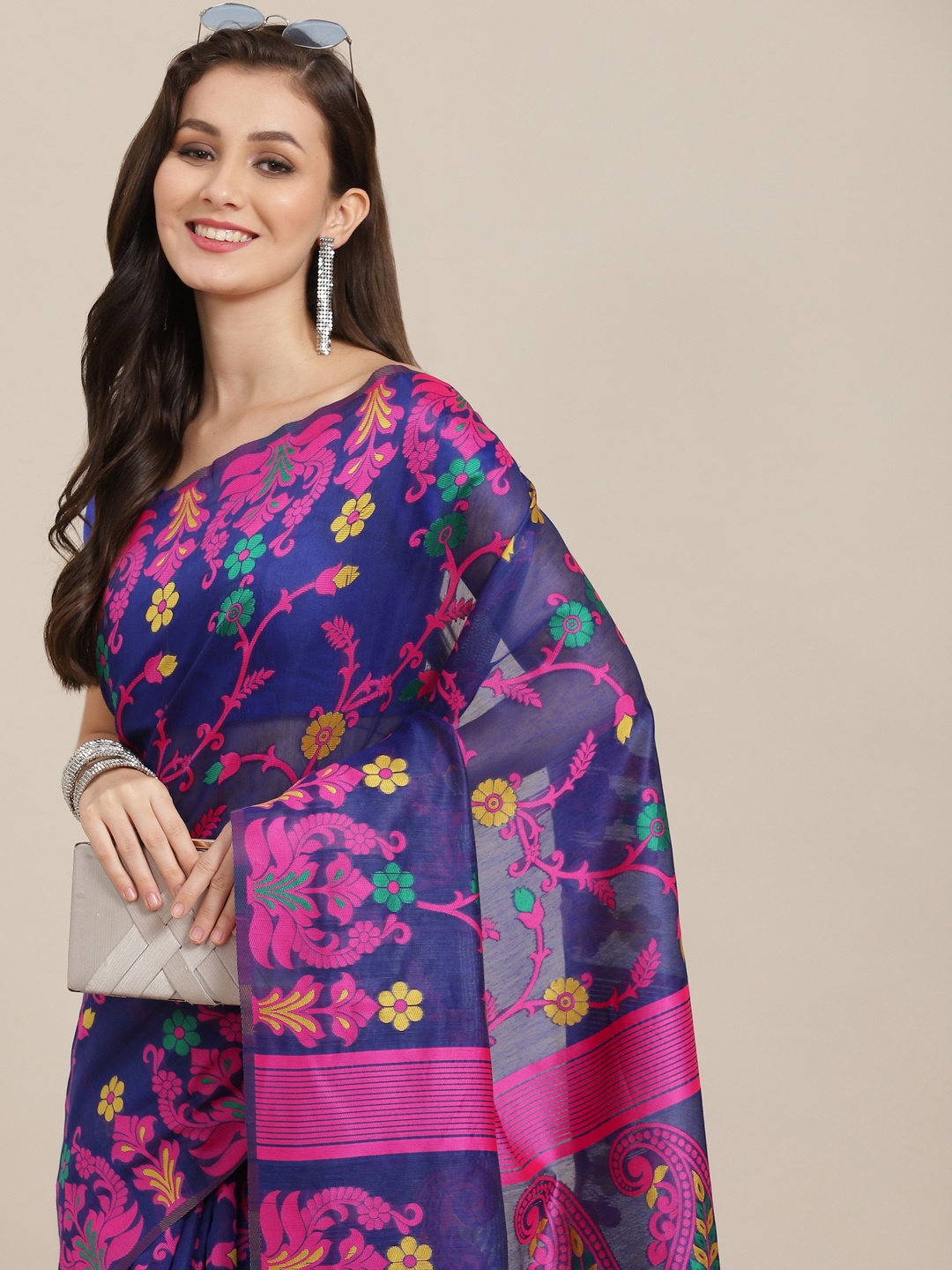 

Silk Land Blue & Pink Floral Pure Cotton Fusion Jamdani Saree