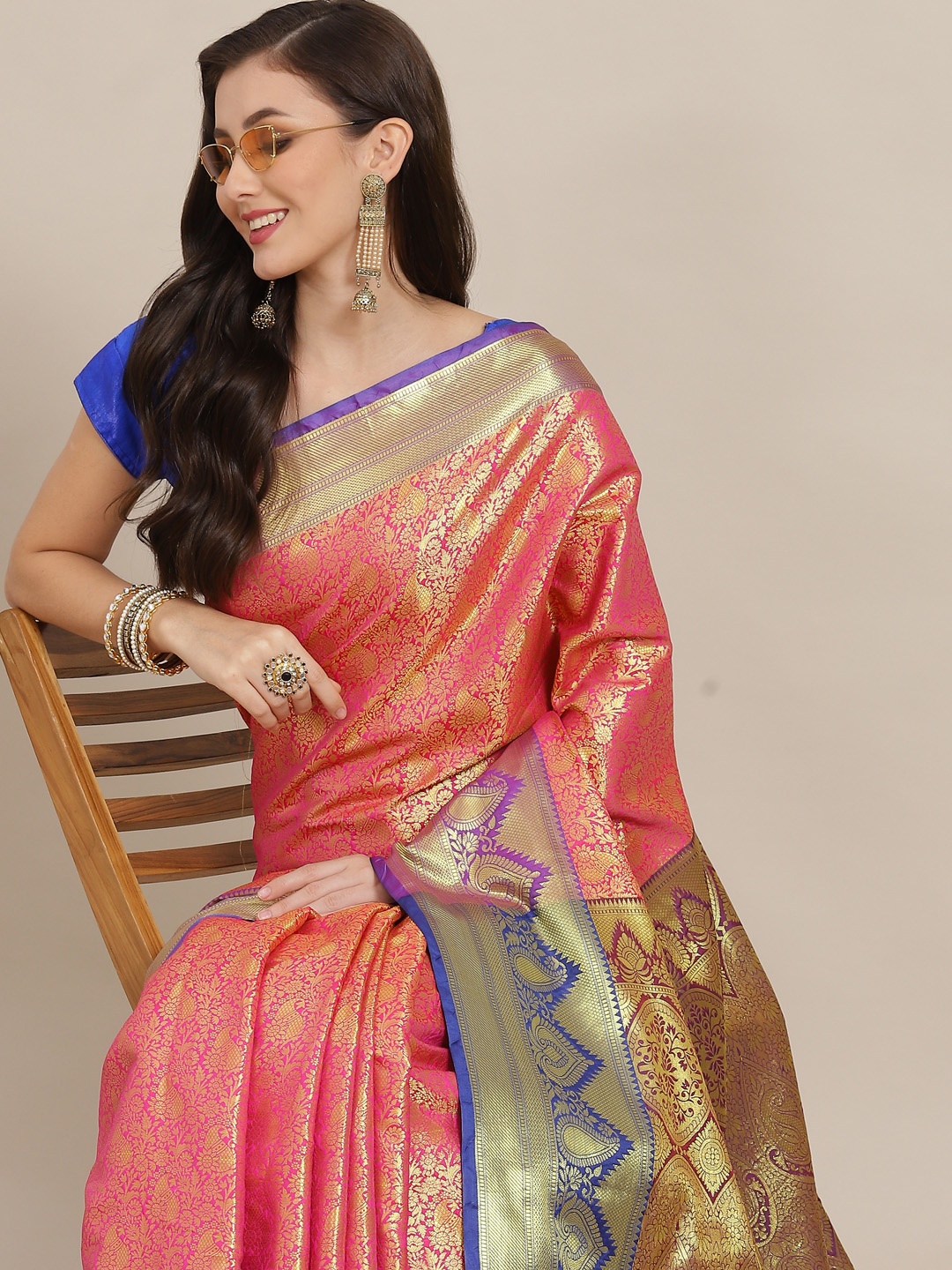 

Silk Land Pink & Purple Paisley Zari Art Silk Kanjeevaram Saree