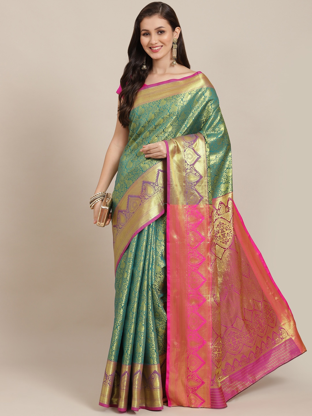 

Silk Land Turquoise Blue & Pink Paisley Zari Art Silk Kanjeevaram Saree