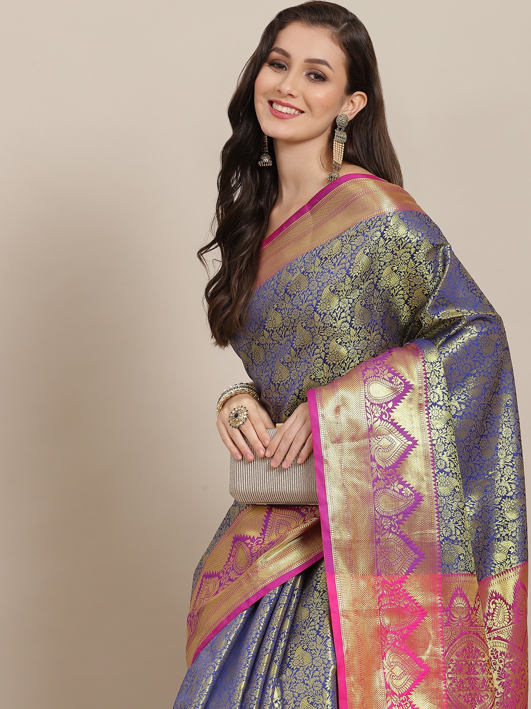 

Silk Land Blue & Purple Paisley Zari Art Silk Kanjeevaram Saree