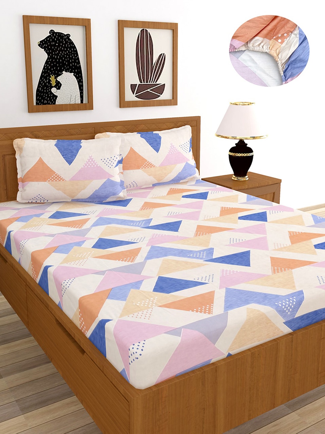 

MORADO Blue Peach-Coloured Geometric 180 TC King Fitted Bedsheet with 2 Pillow Covers