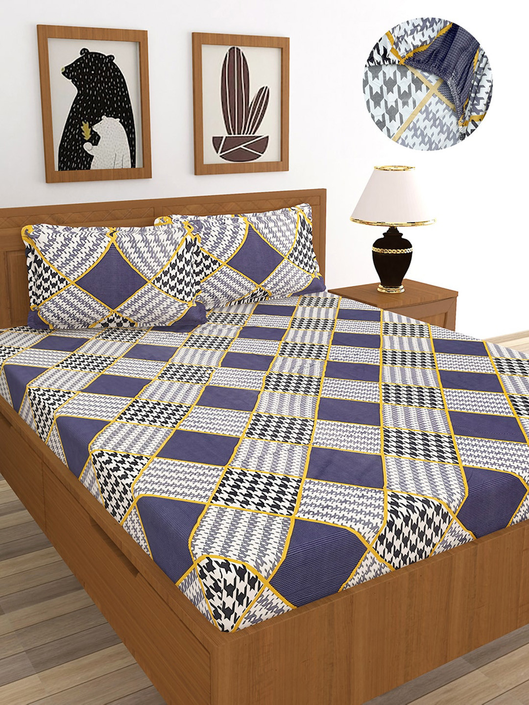 

MORADO Blue & Orange Geometric 180 TC King Fitted Bedsheet with 2 Pillow Covers