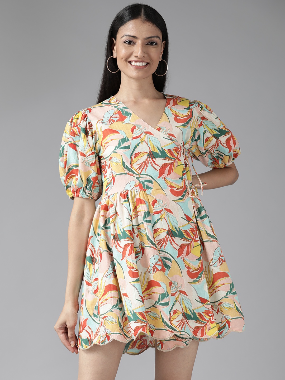 

The Dry State Peach-Coloured & Green Floral Printed Dress