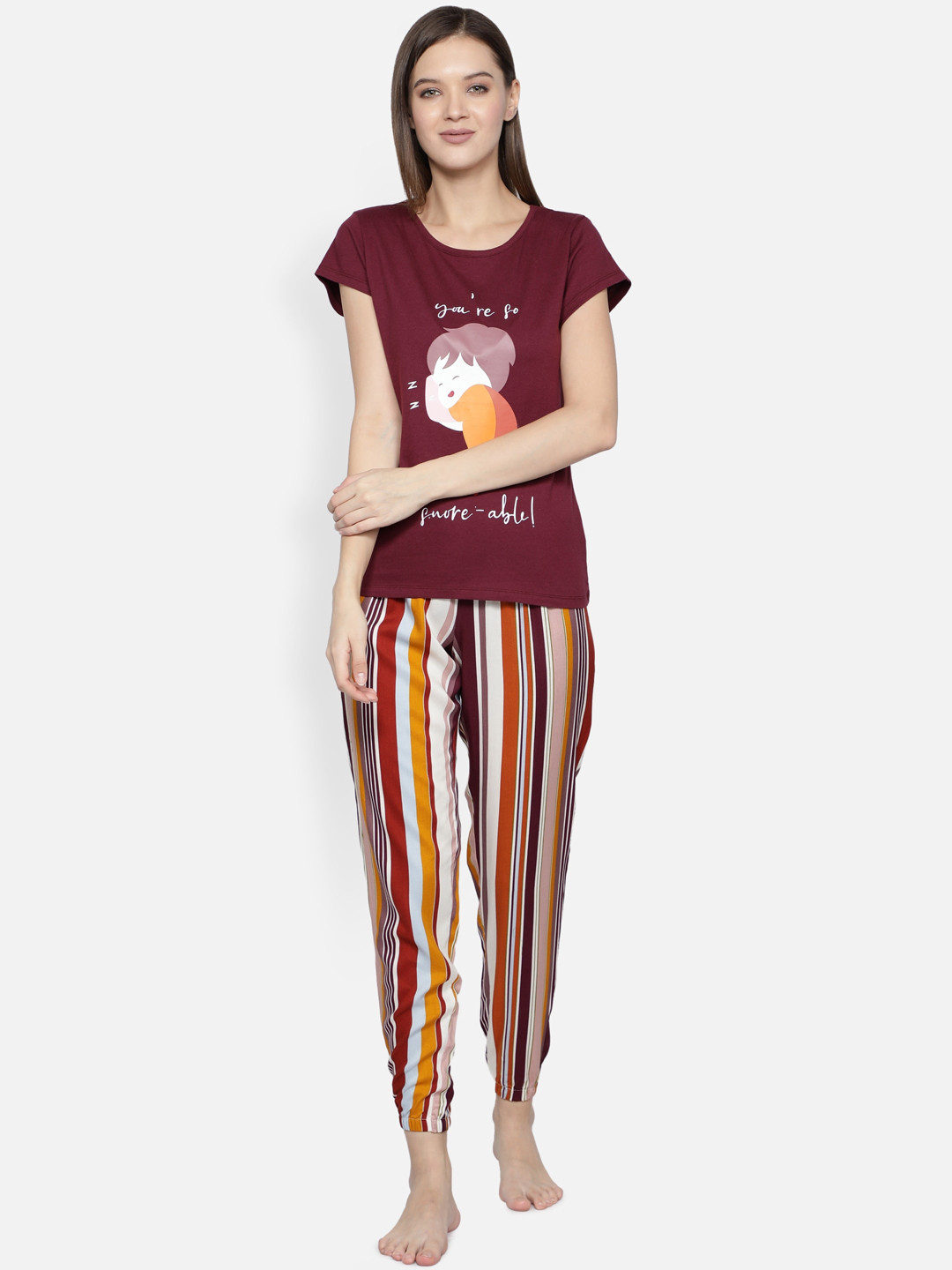 

BStories Women Maroon & White Printed Night suit