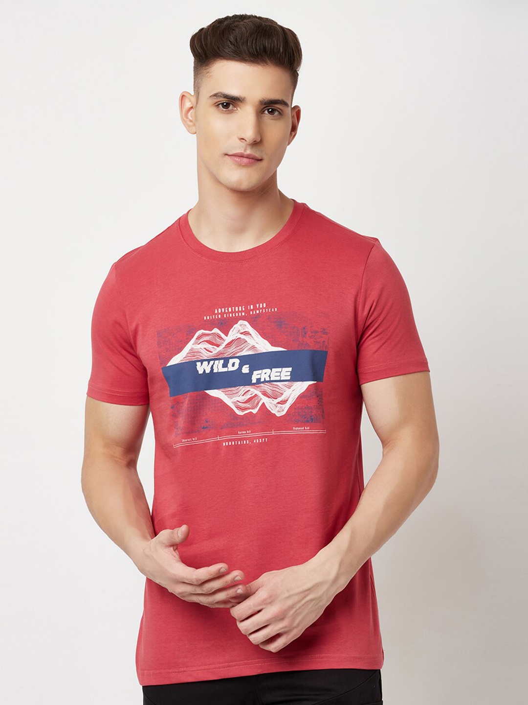 

Blue Buddha Men Maroon Printed Cotton T-shirt