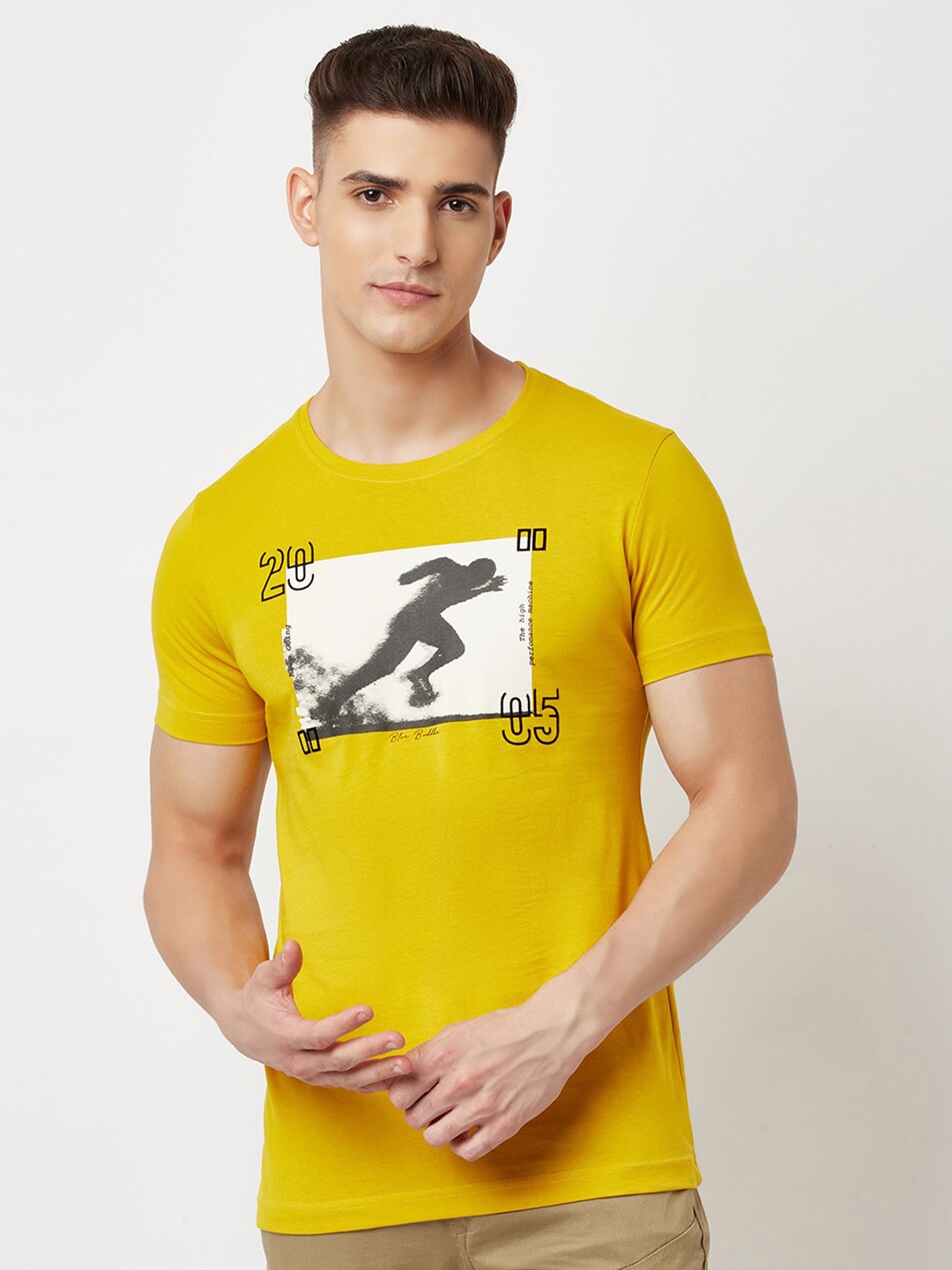 

Blue Buddha Men Yellow Printed Cotton Extended Sleeves T-shirt