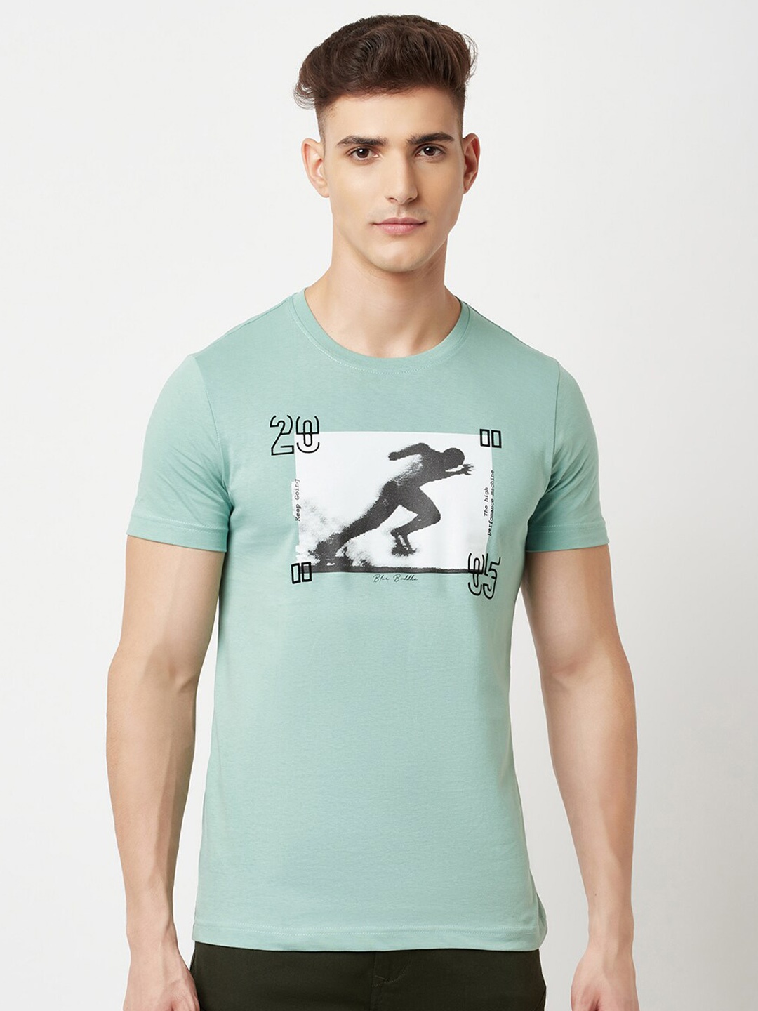 

Blue Buddha Men Green Printed Cotton T-shirt