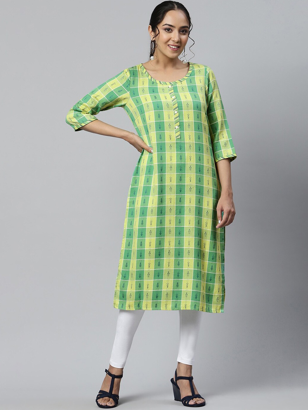 

AURELIA Women Checked Asymmetric Kurta, Green