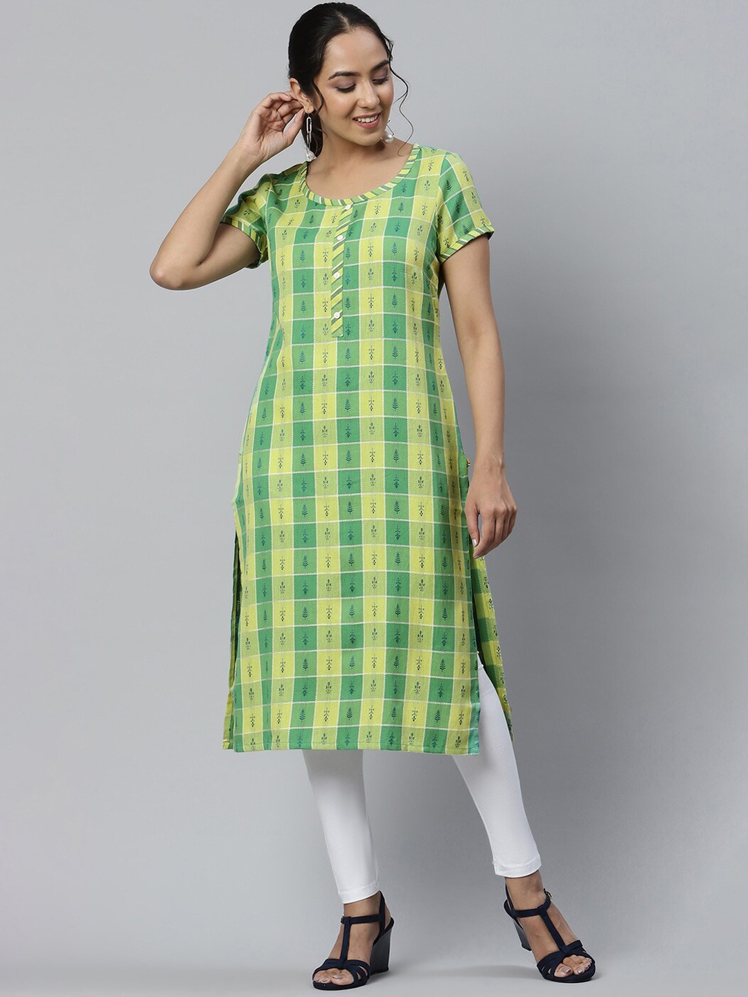 

AURELIA Women Checked Kurta, Green