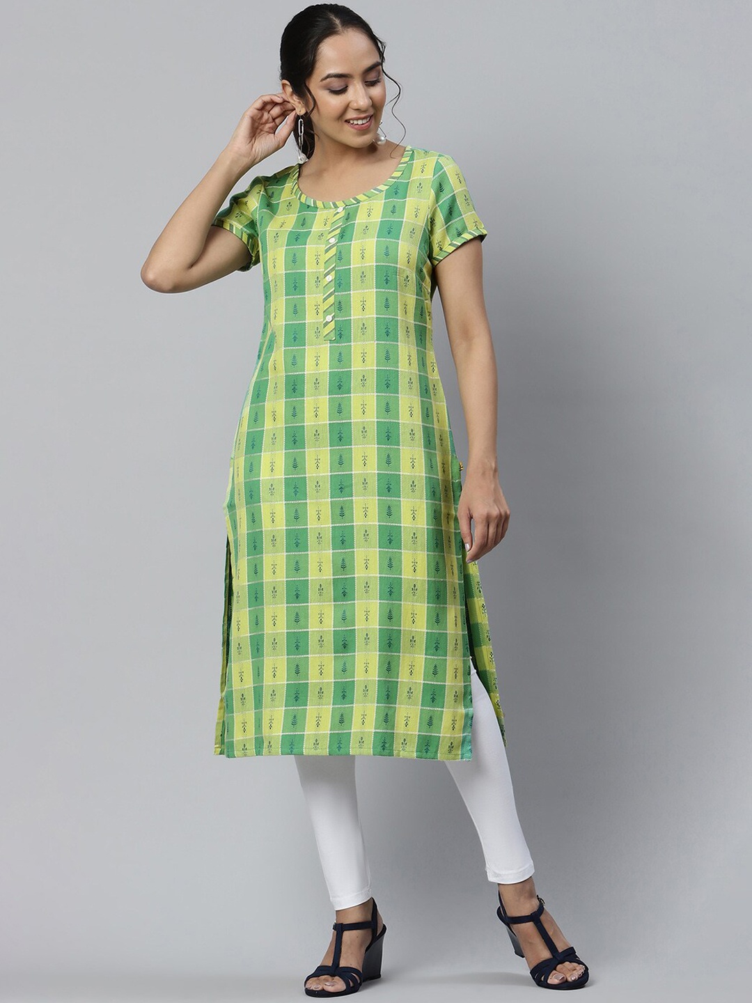 

AURELIA Women Green & Yellow Checked Kurta