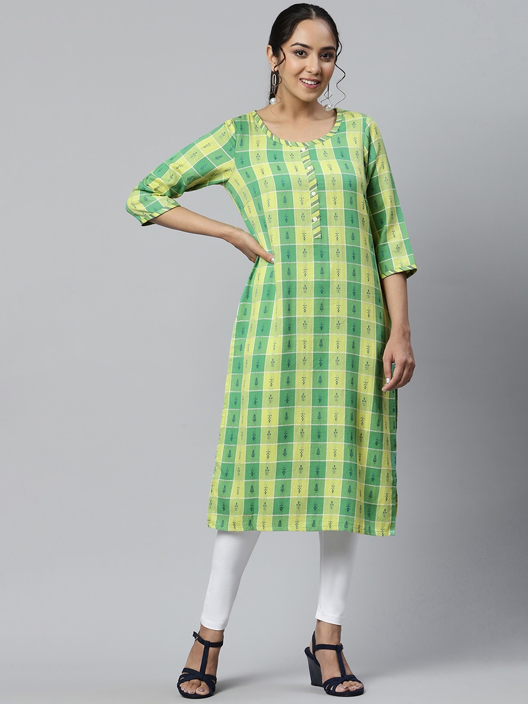 

AURELIA Women Green & Yellow Checked Kurta