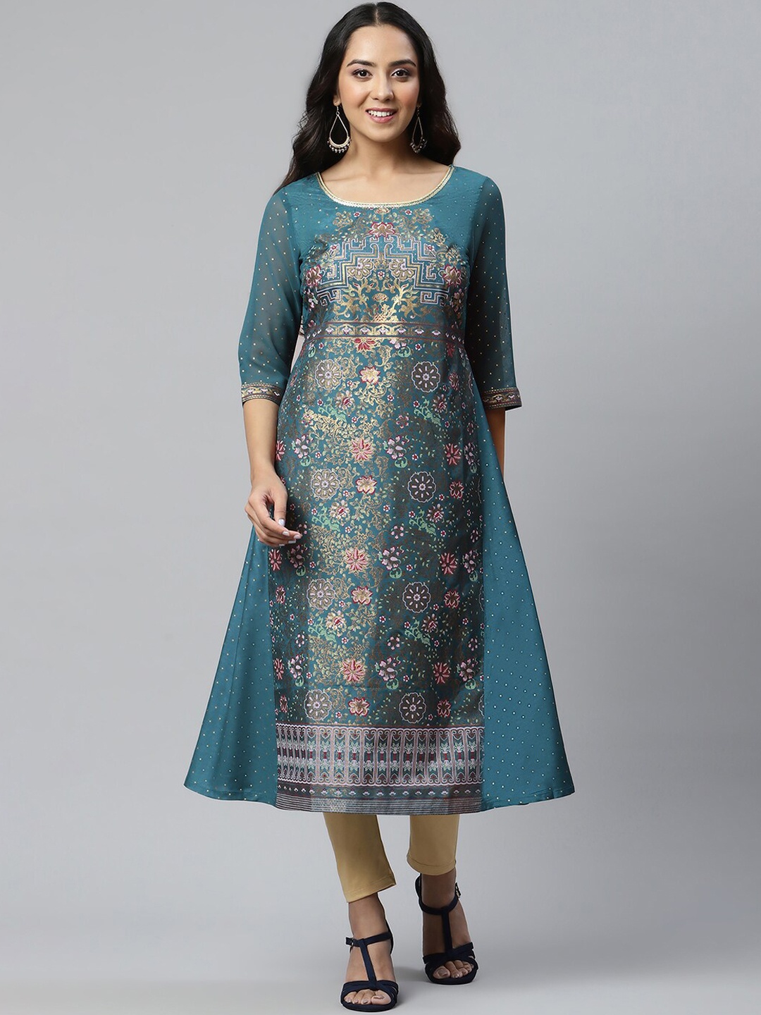 

AURELIA Women Round Neck Floral Kurta, Black