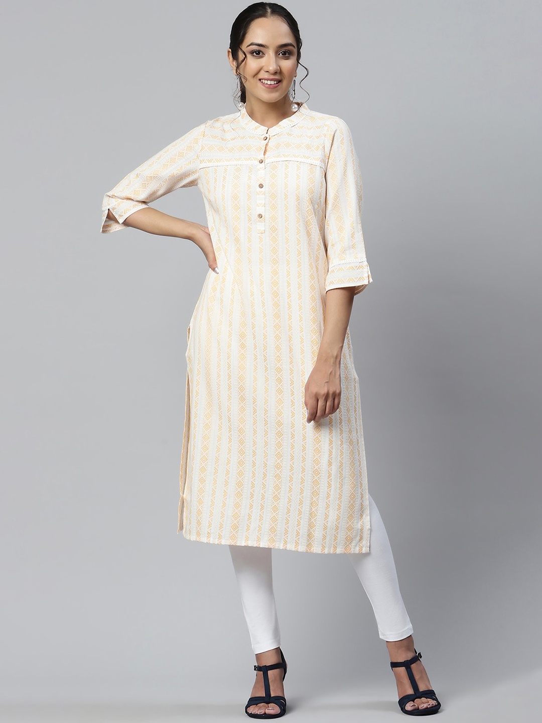 

AURELIA Women Striped Mandarin Collar Kurta, Yellow
