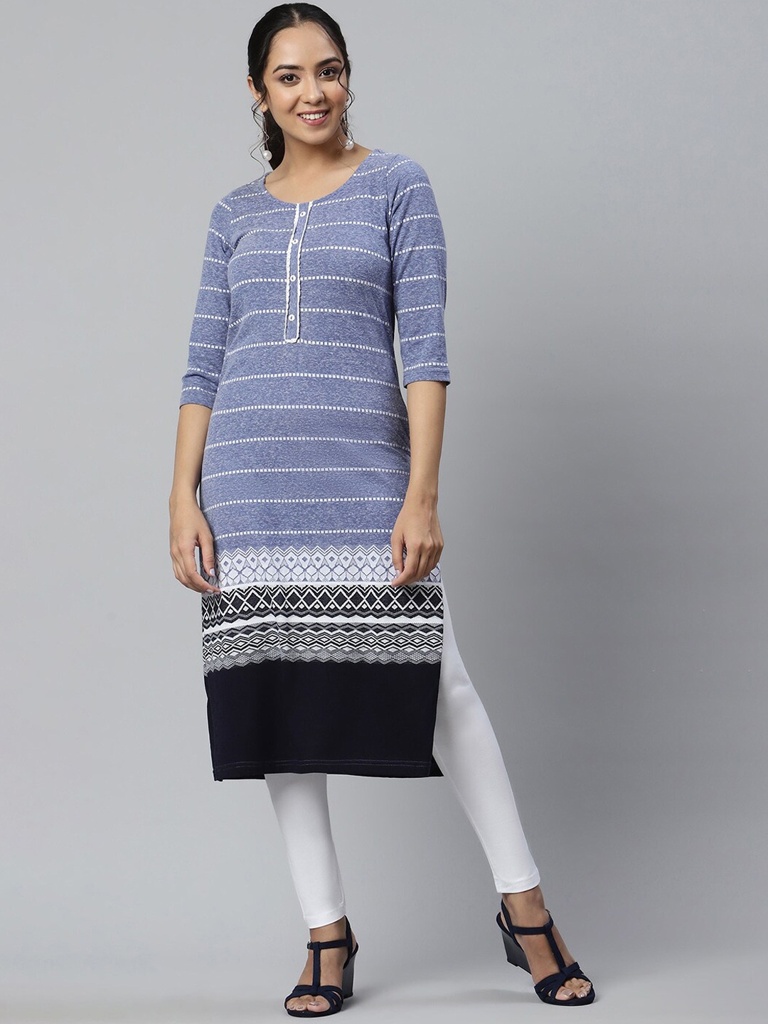 

AURELIA Women Blue Striped Gotta Patti Asymmetric Kurta