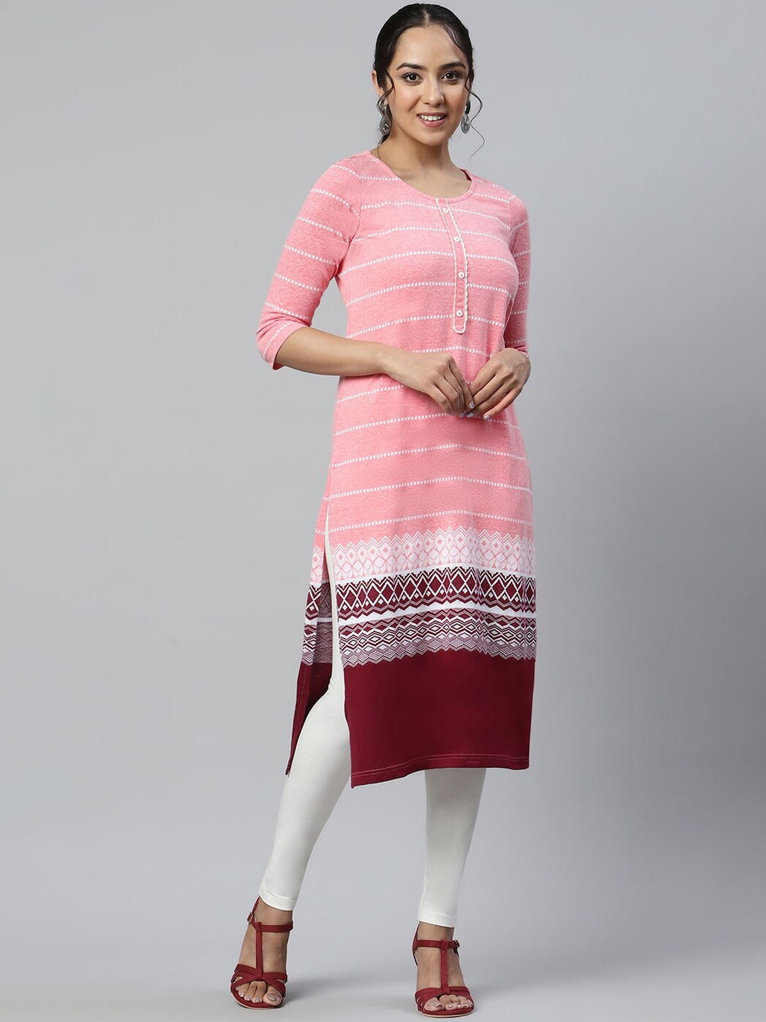 

AURELIA Women's Jacquard Knitted Kurta, Peach